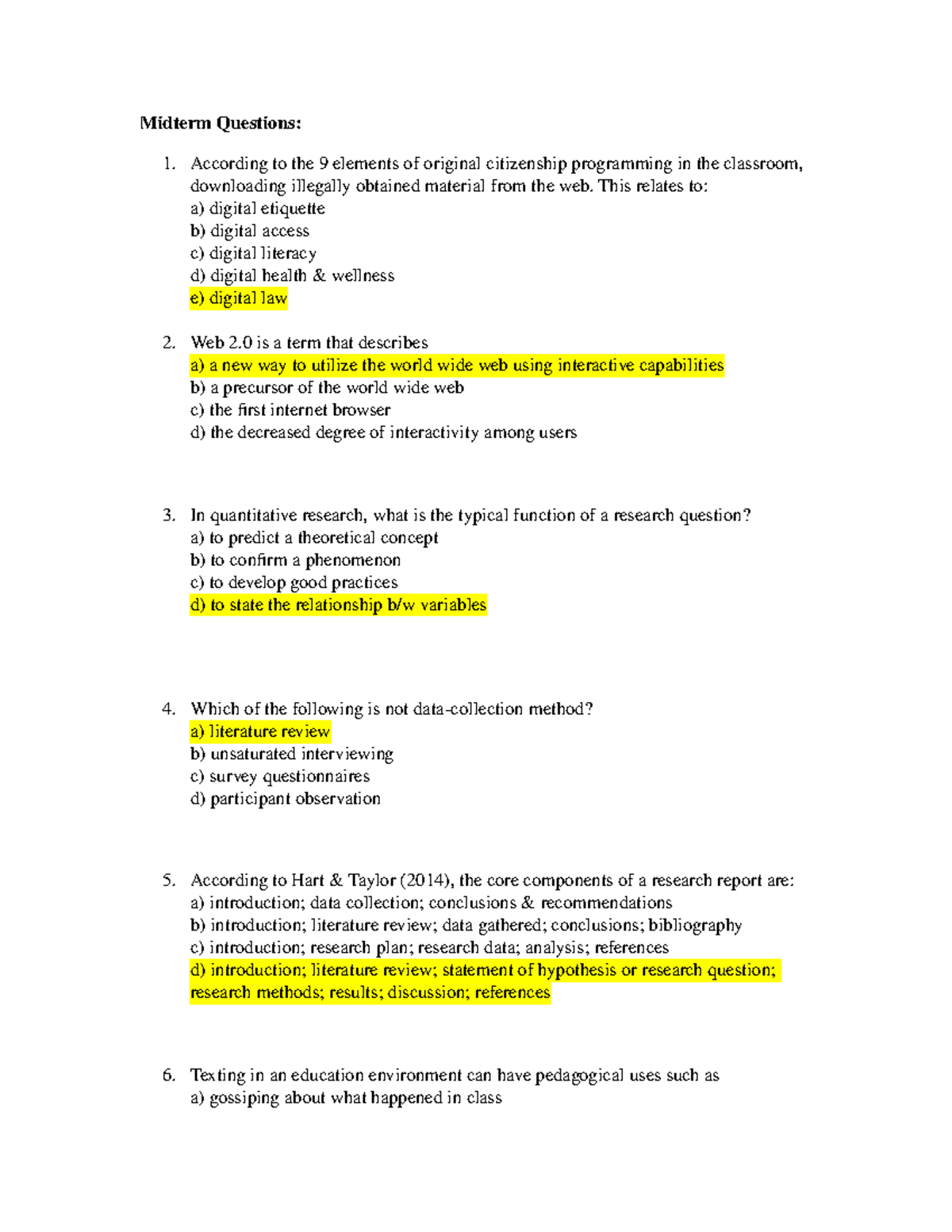 Midterm 2020, questions and answers - Midterm Questions: According to ...