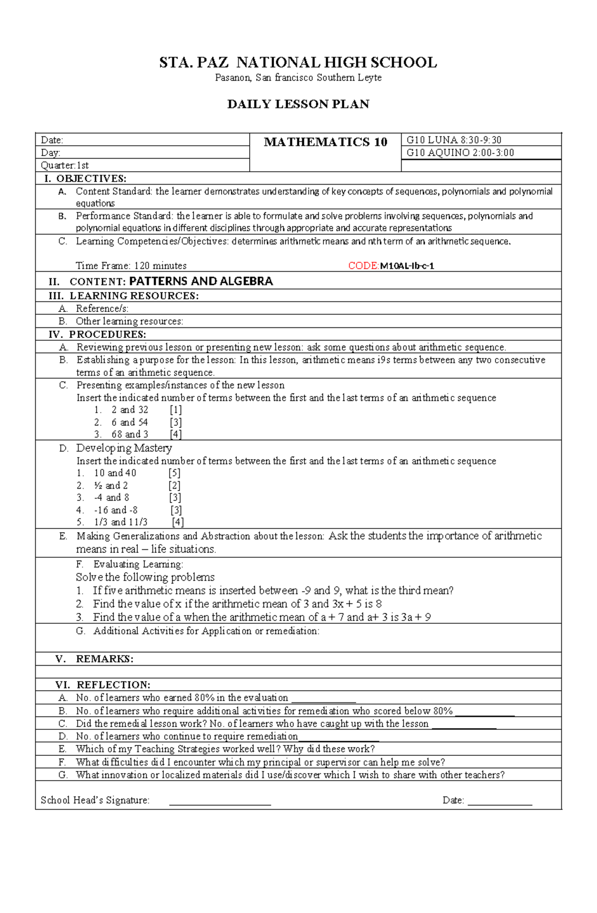 lesson plan in math10 - STA. PAZ NATIONAL HIGH SCHOOL Pasanon, San ...
