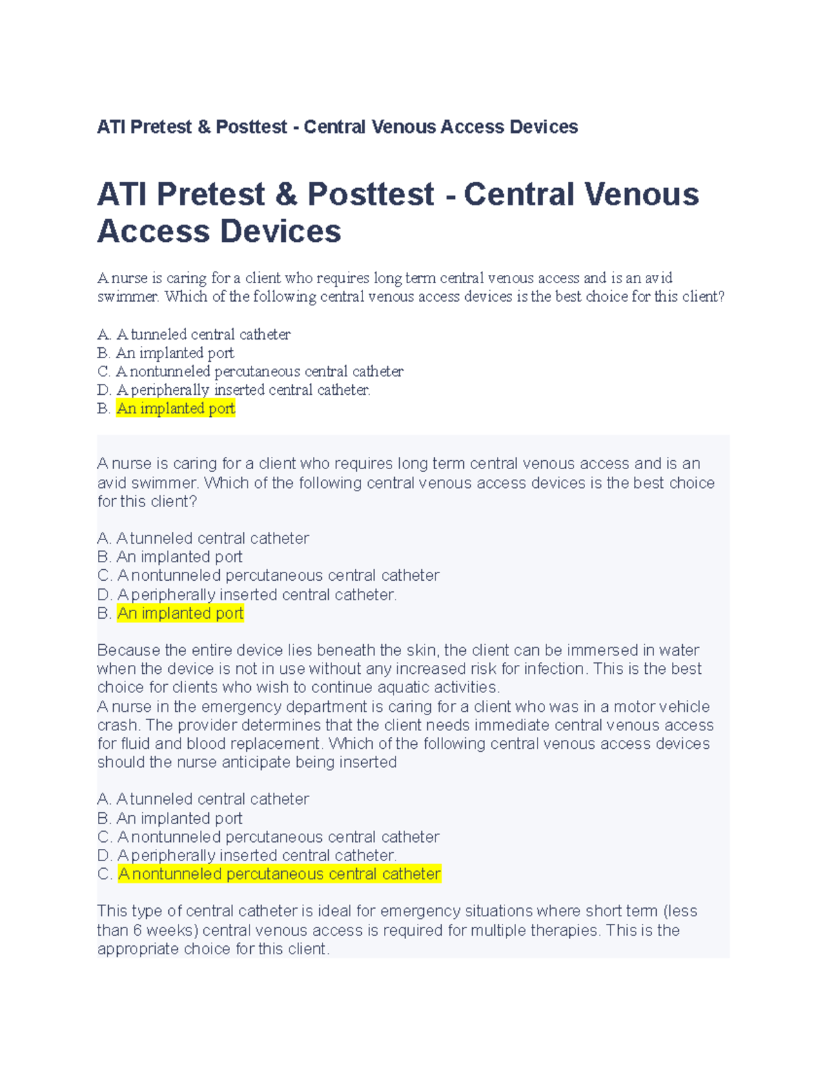 ATI Pretest Centraline ATI Pretest & Posttest Central Venous Access