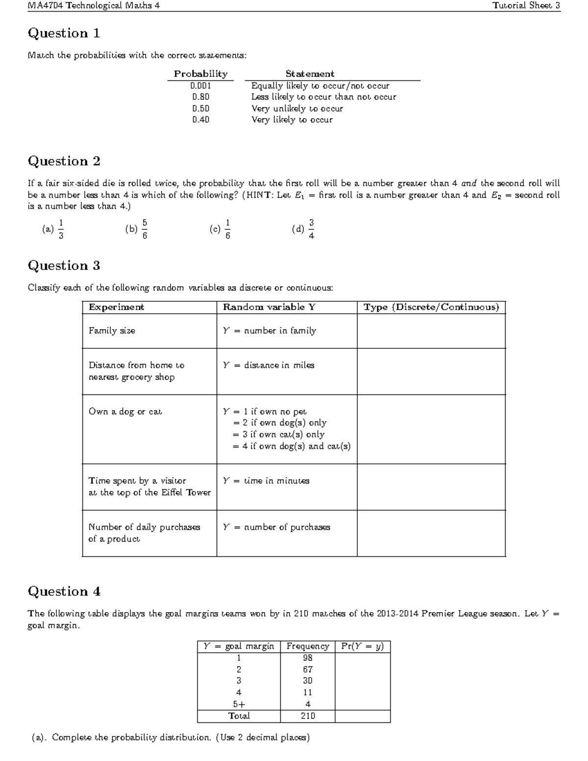 MA4704 Tutorial Sheet 3 - MA4704 Technological Maths 4 Tutorial Sheet 3 ...