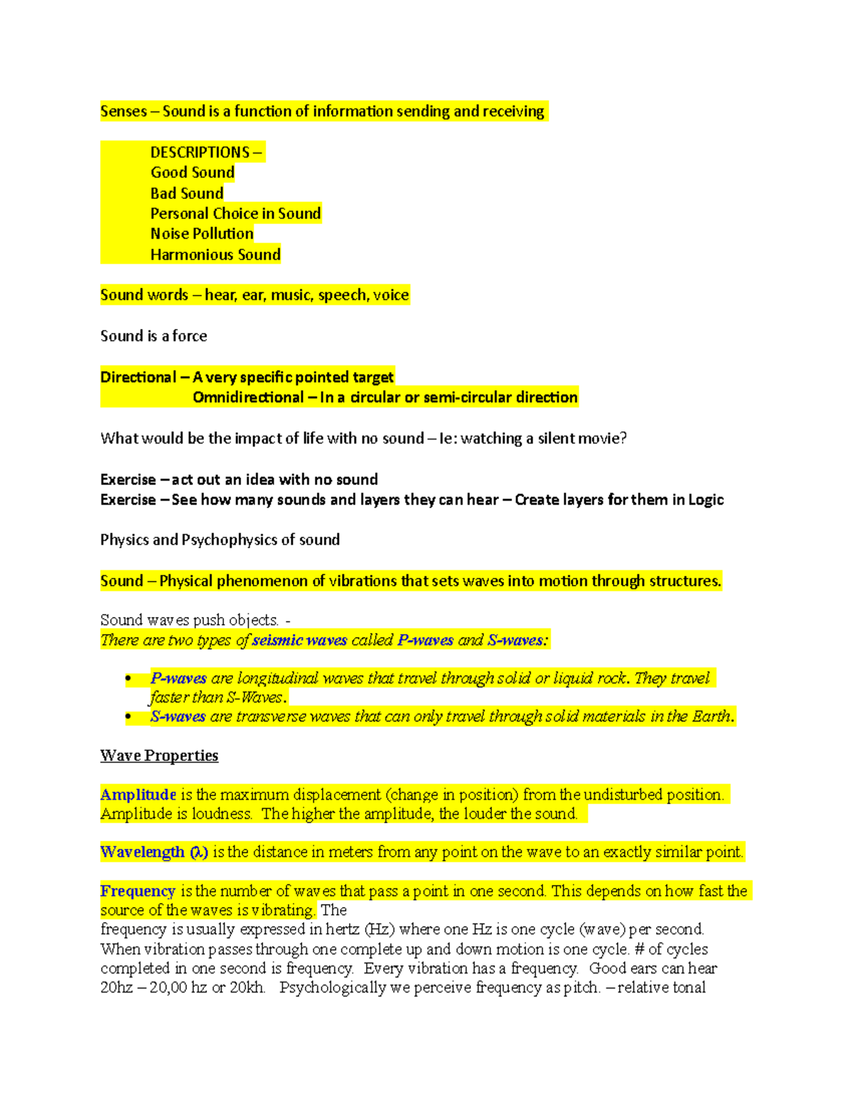 Audio Production Lecture Notes with Highlighted Areas - Senses – Sound ...