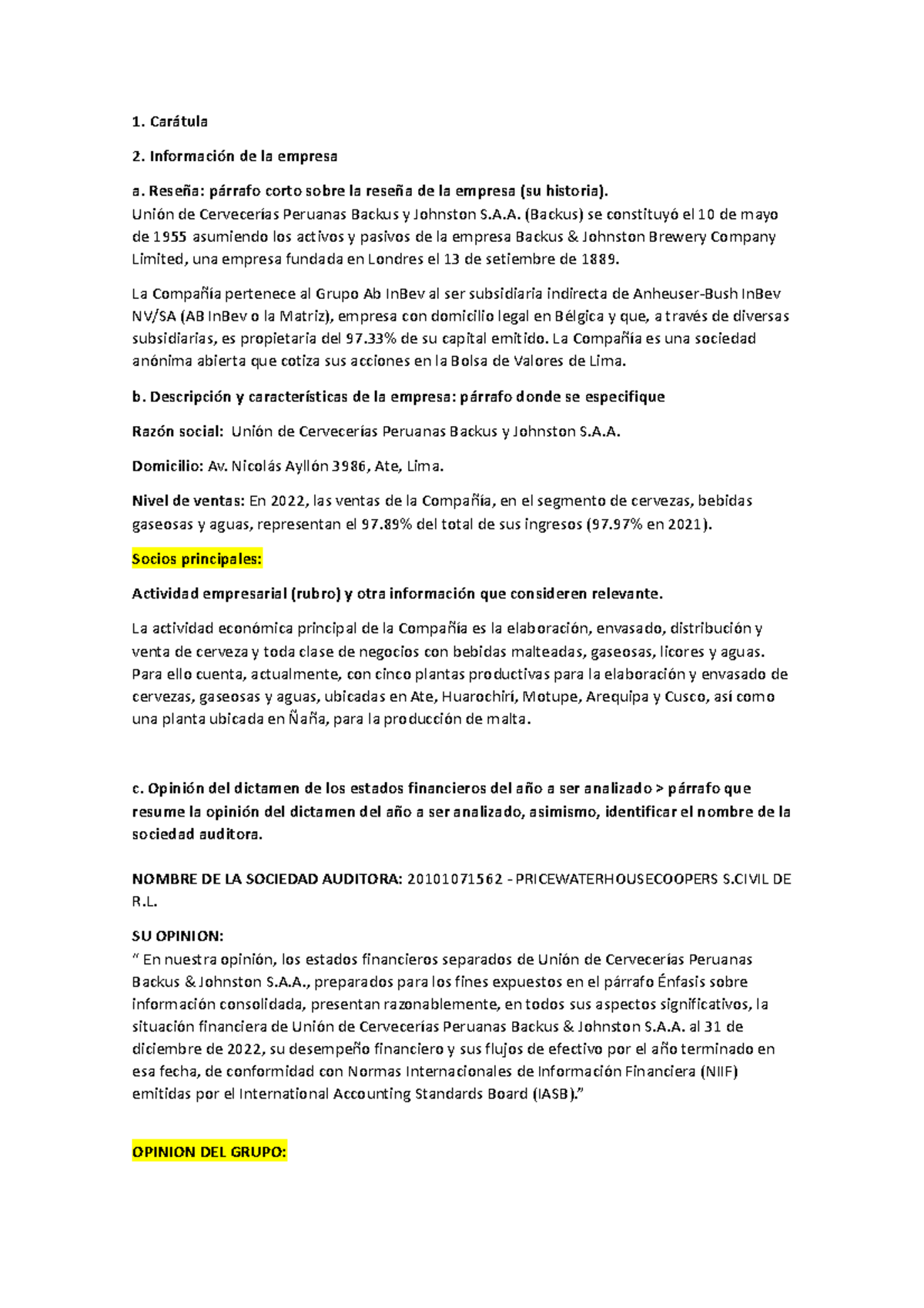 Backus informme - Carátula Información de la empresa a. Reseña: párrafo ...