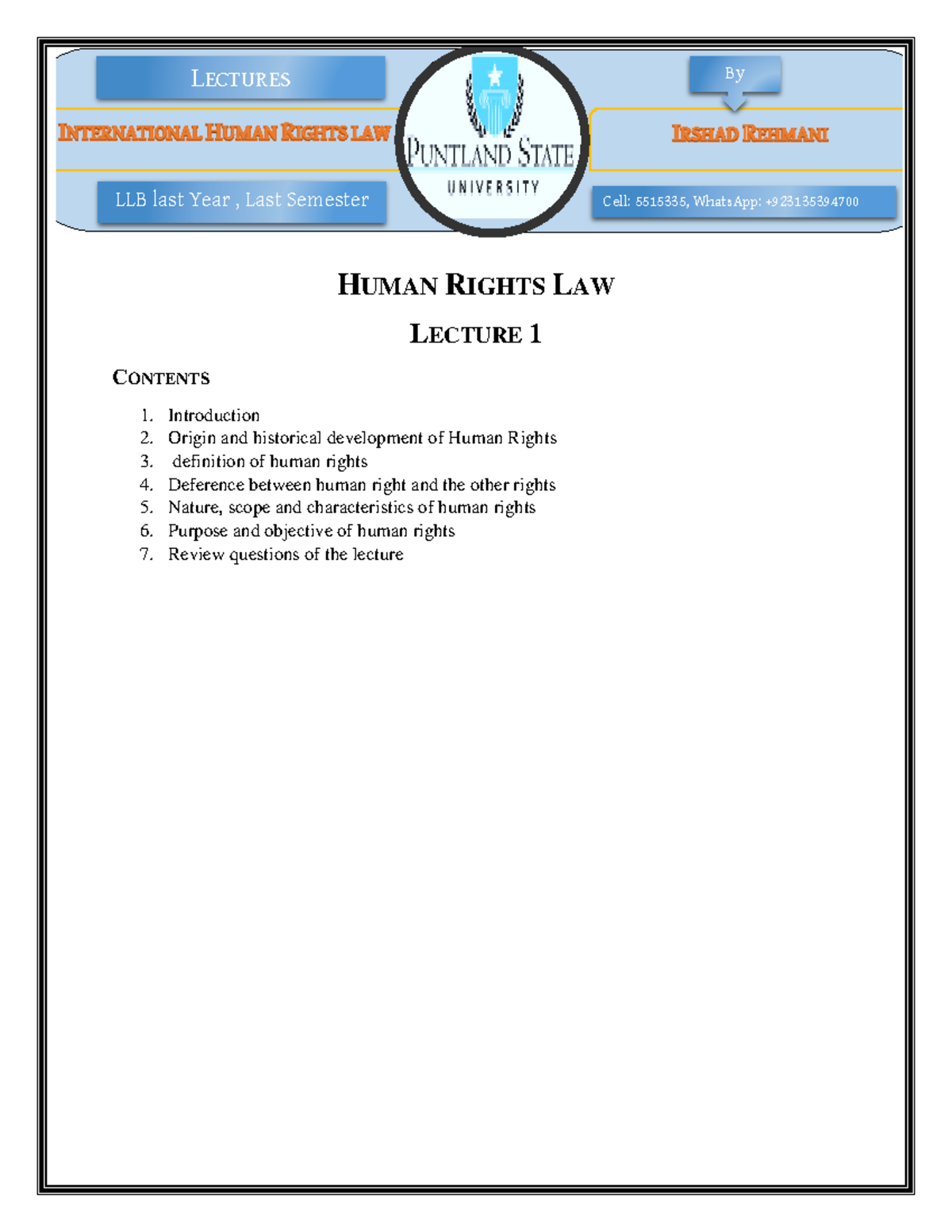 Complete Course of Human Rights Law - LLB last Year , Last Semester ...