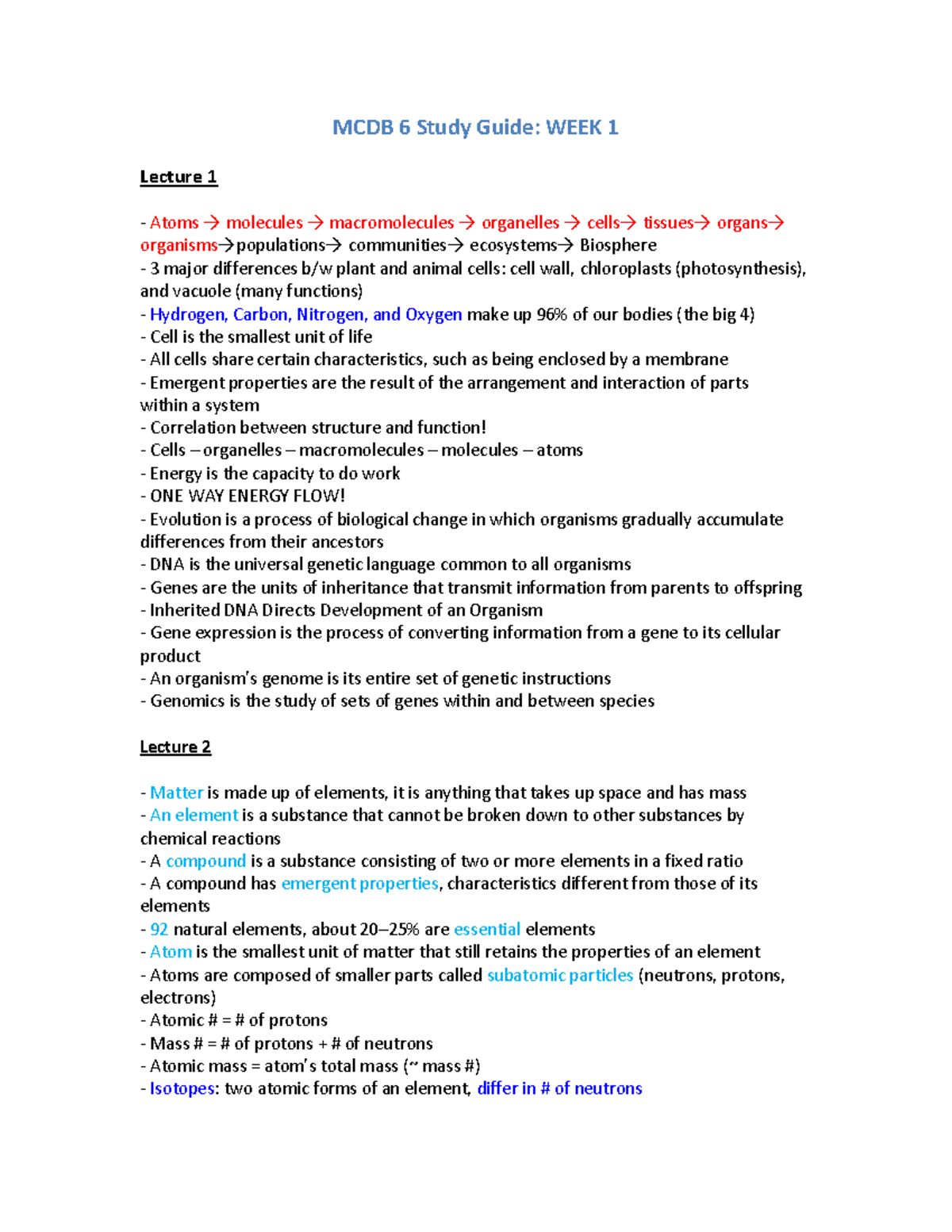 Week 1 Study Guide Week - MCDB 6 Study Guide: WEEK 1 Lecture 1 Atoms ...