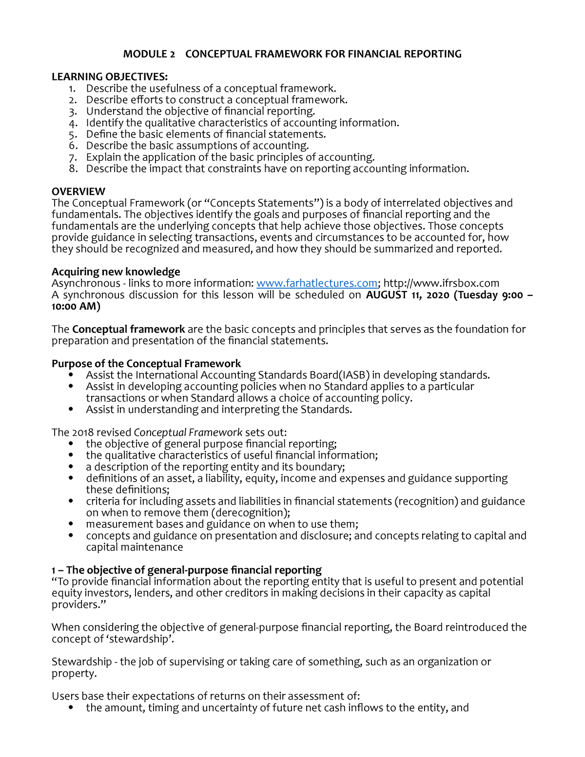 Module 2 Conceptual Framework FOR Financial Reporting - MODULE 2 ...