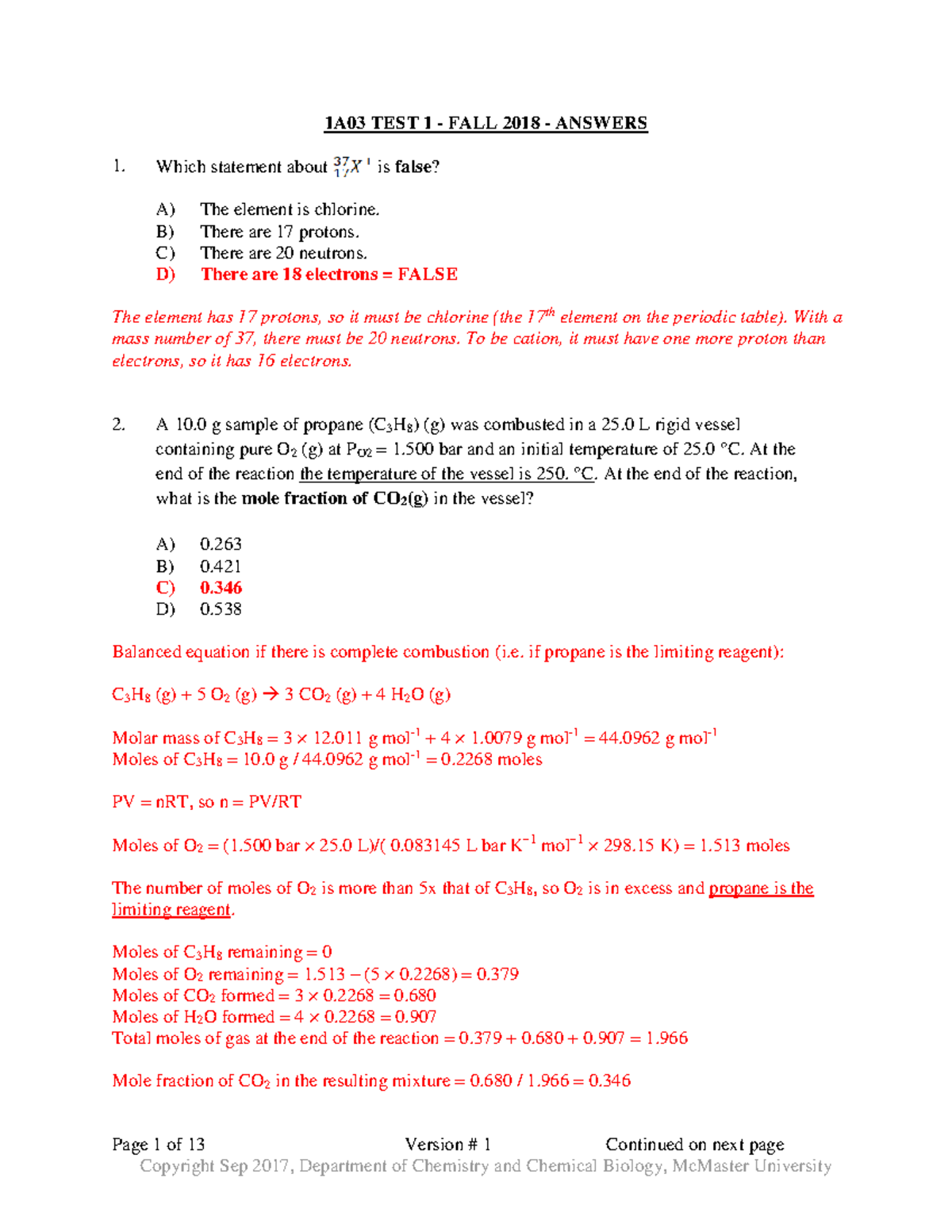Chem1A03-Fall2018-T1-version#1 - Answers - Page 1 of 13 Version # 1 ...