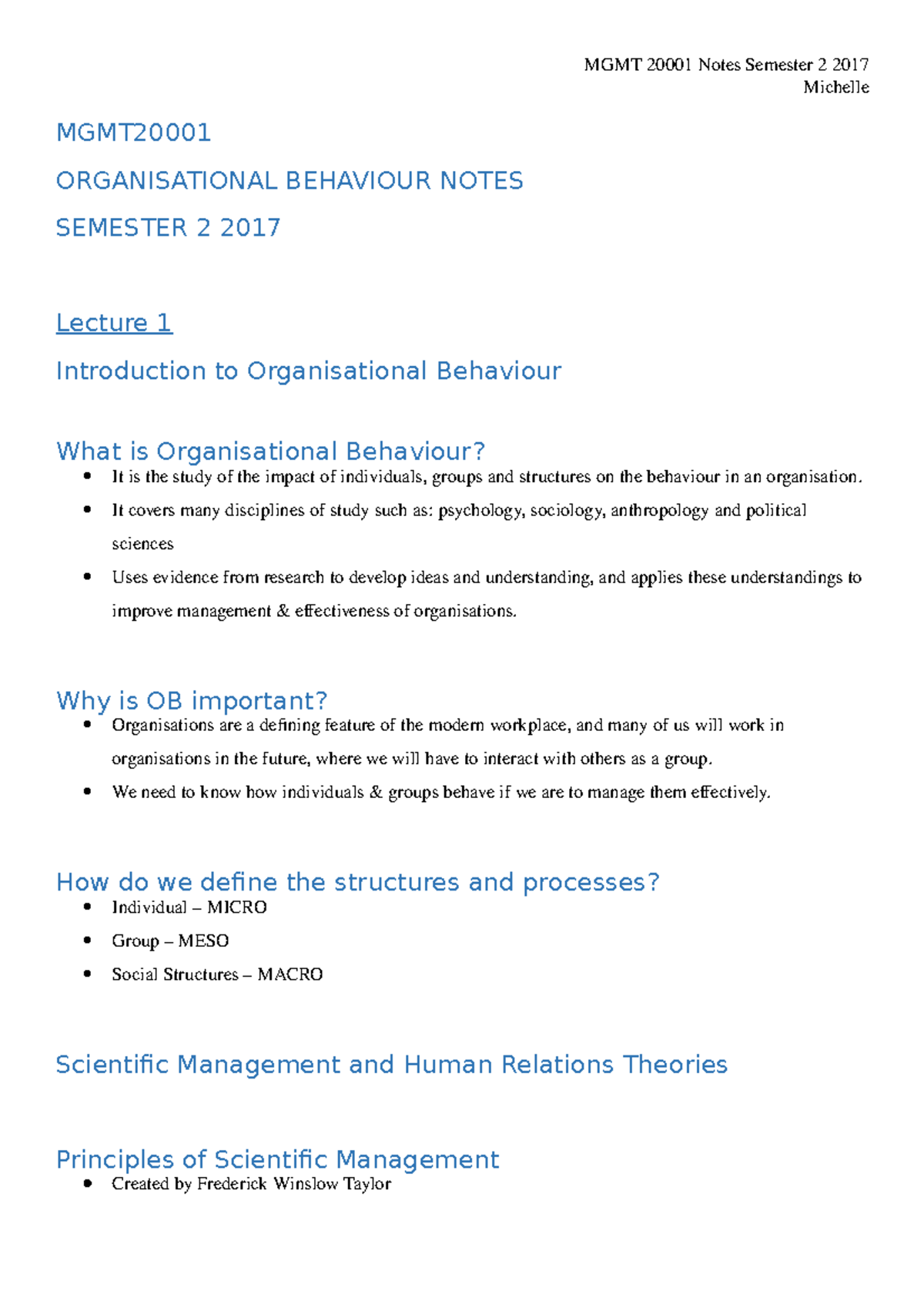 MGMT20001 Lecture Notes - Michelle MGMT ORGANISATIONAL BEHAVIOUR NOTES ...