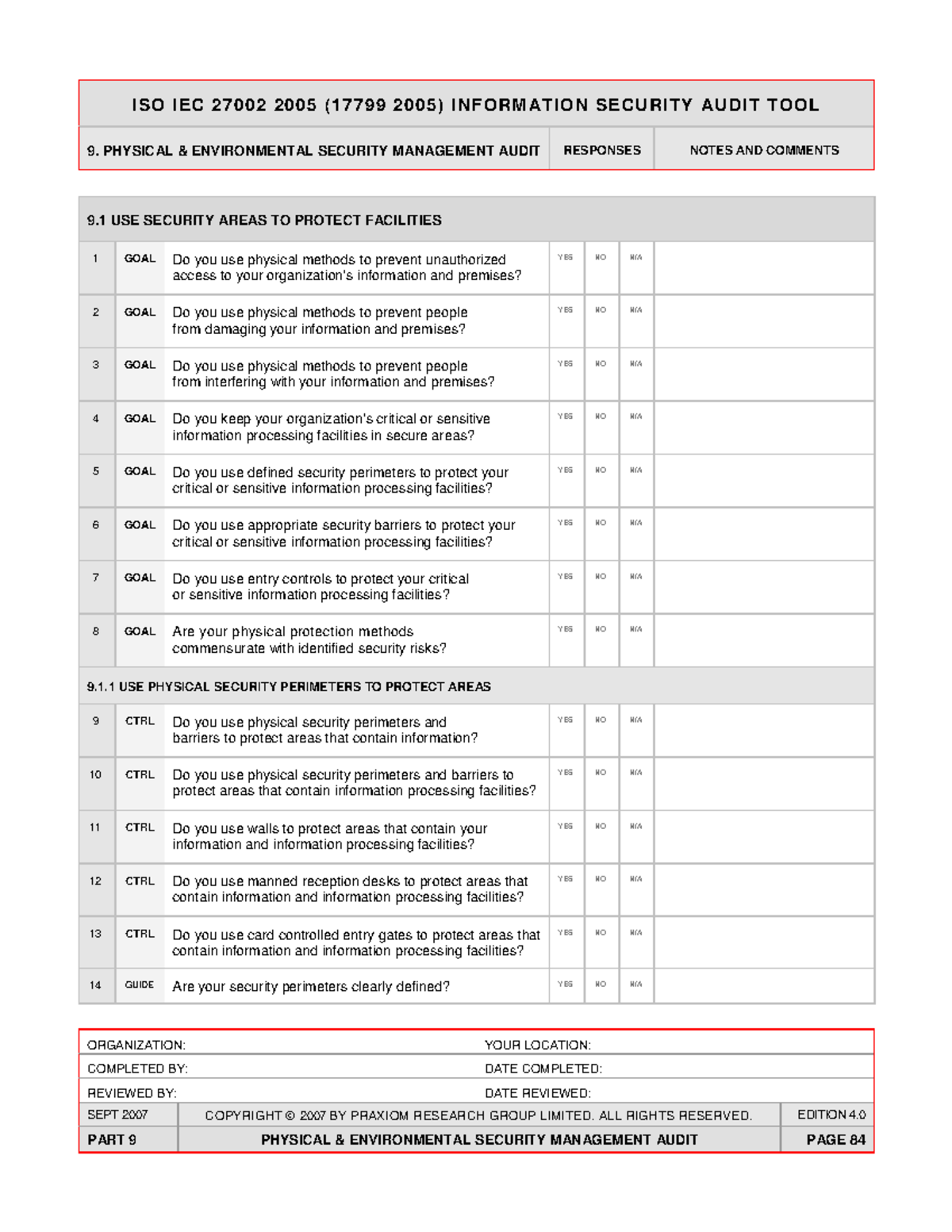 ISO 27002 Information Security Audit Tool part 2 - 9. PHYSICAL ...