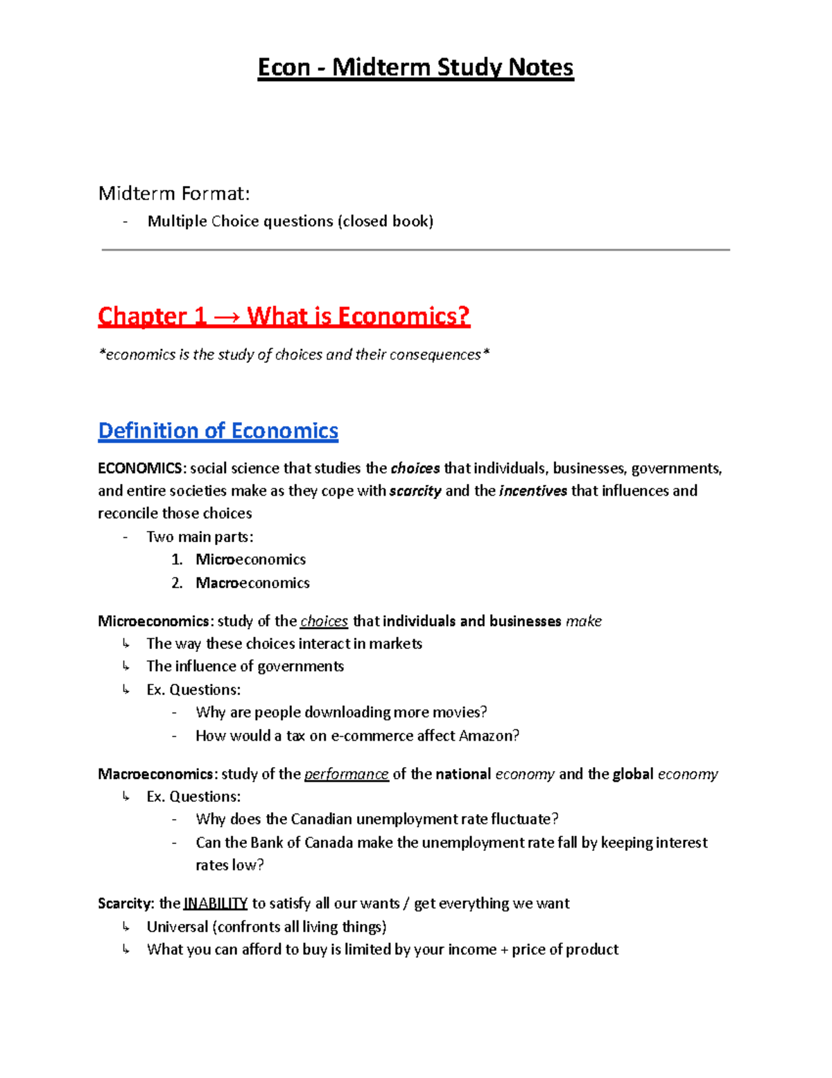 Econ - Midterm Study Notes - Econ - Midterm Study Notes Midterm Format ...