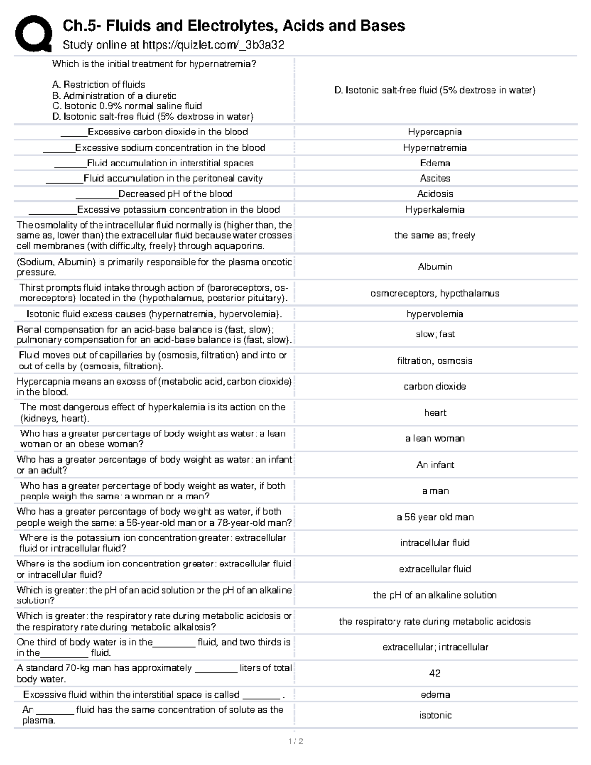 1 - QUIZ - Ch- Fluids and Electrolytes, Acids and Bases Study online at ...