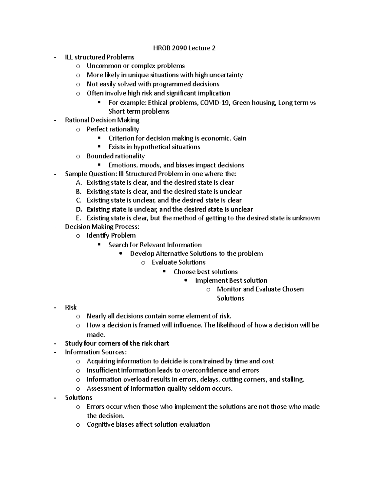 HROB 2090 Lecture 2 - HROB 2090 Lecture 2 ILL structured Problems o ...