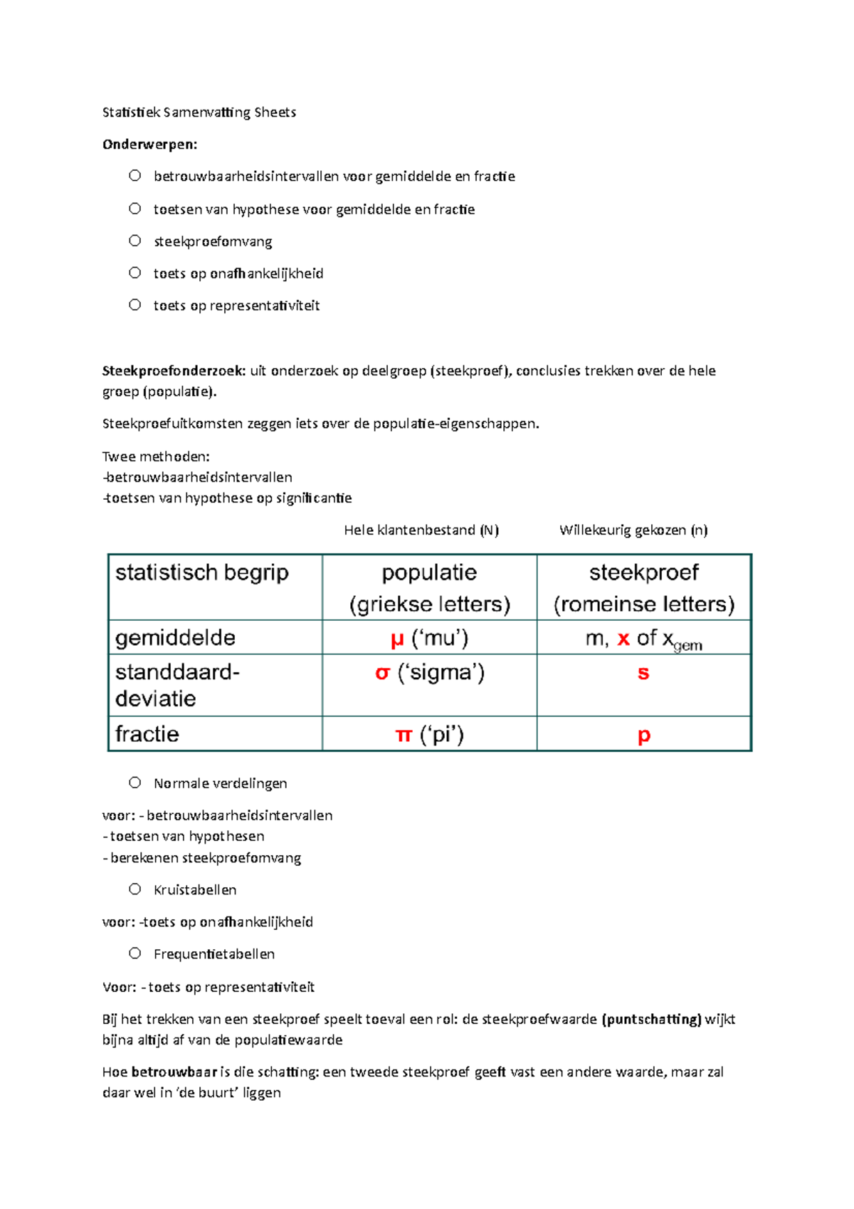 Statistiek Samenvatting Sheets - Statistiek Samenvatting Sheets ...