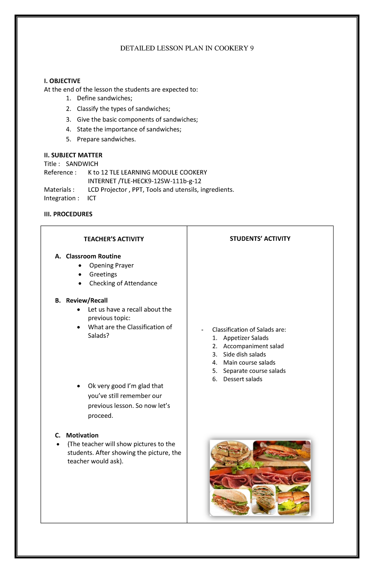 Scribd - gcwergxeg - DETAILED LESSON PLAN IN COOKERY 9 I. OBJECTIVE At ...