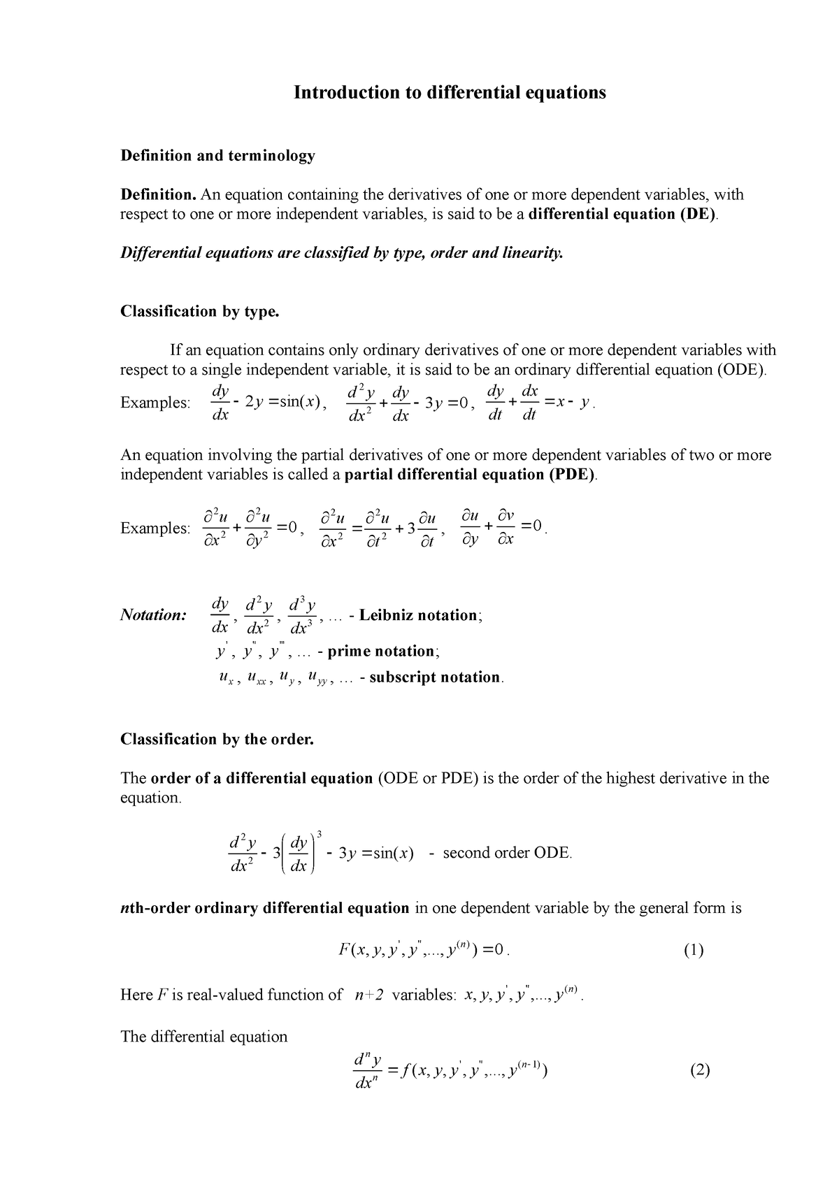 Lecture 1 Introduction To Differential Equations Introduction To Differential Equations 6222