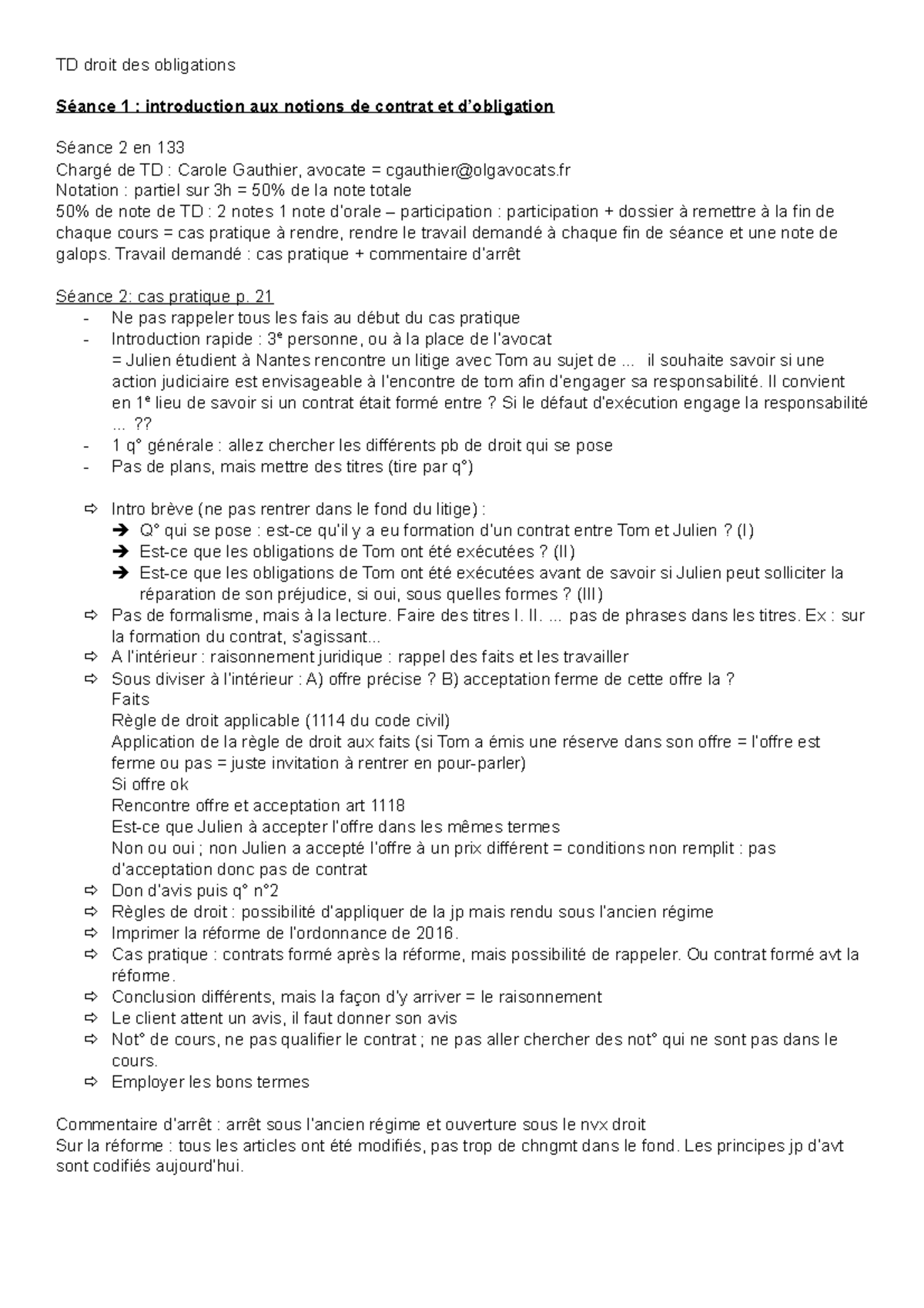 Cas Pratique Droit Des Contrats L2 Corrigé TD droit des obligations 1 - correction - TD droit des obligations Séance 1  : introduction aux - Studocu