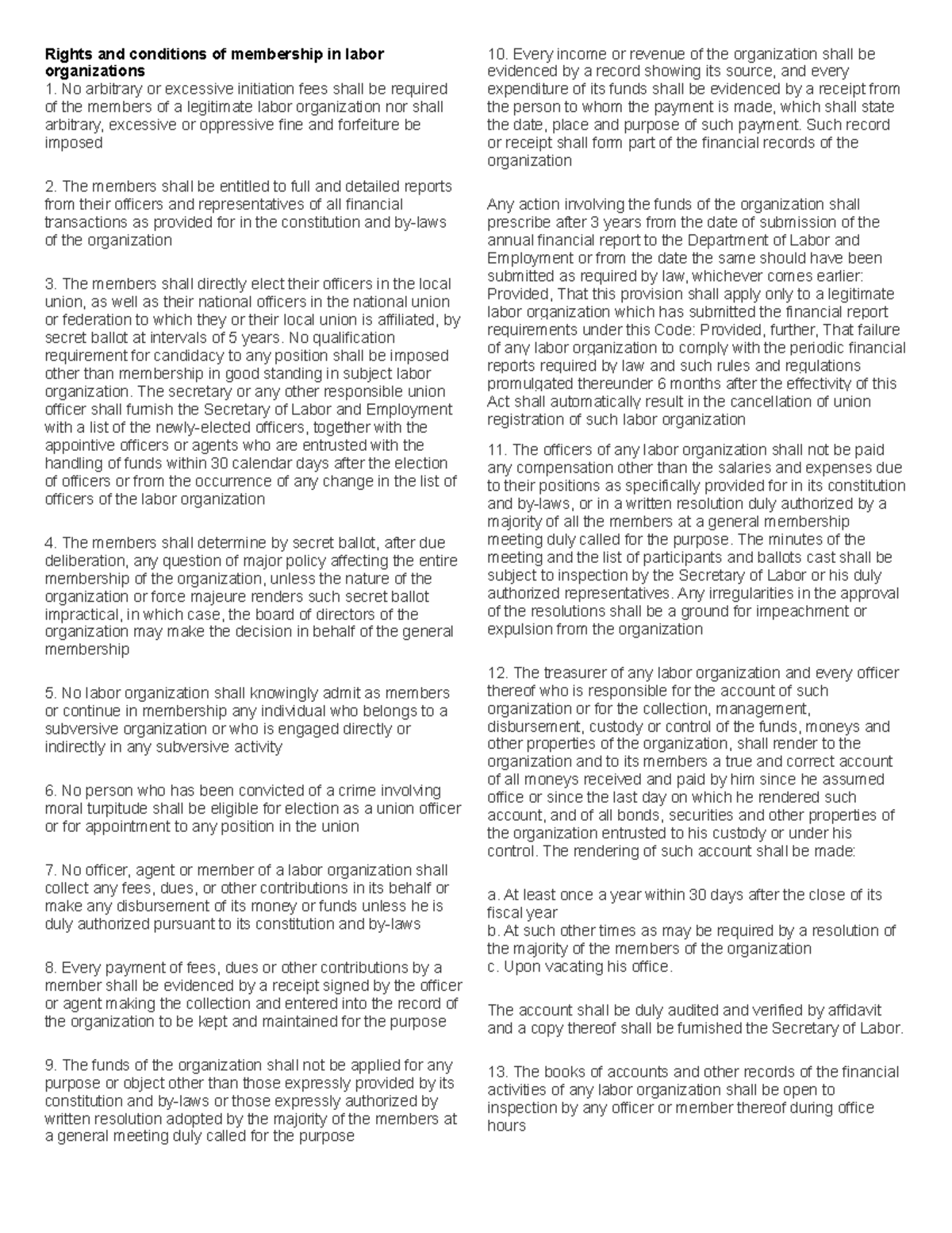 LLSL QUIZ Reviewer - quiz - Rights and conditions of membership in