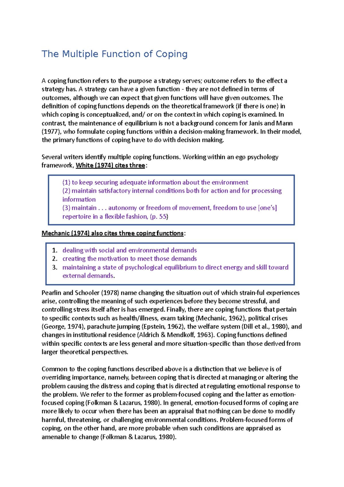 Functions of coping - Studocu