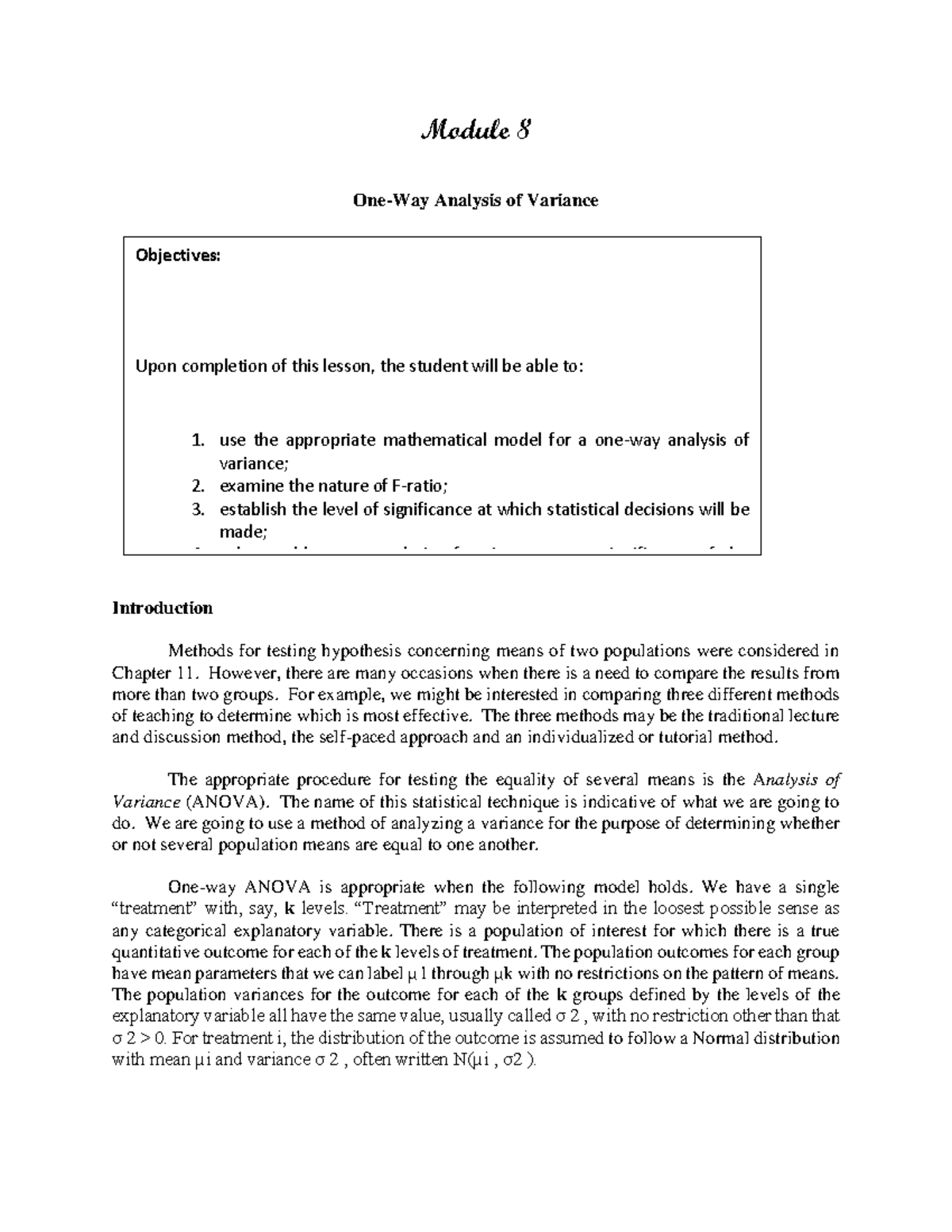 Module 8 Analysis Of Variance Module 8 One Way Analysis Of Variance