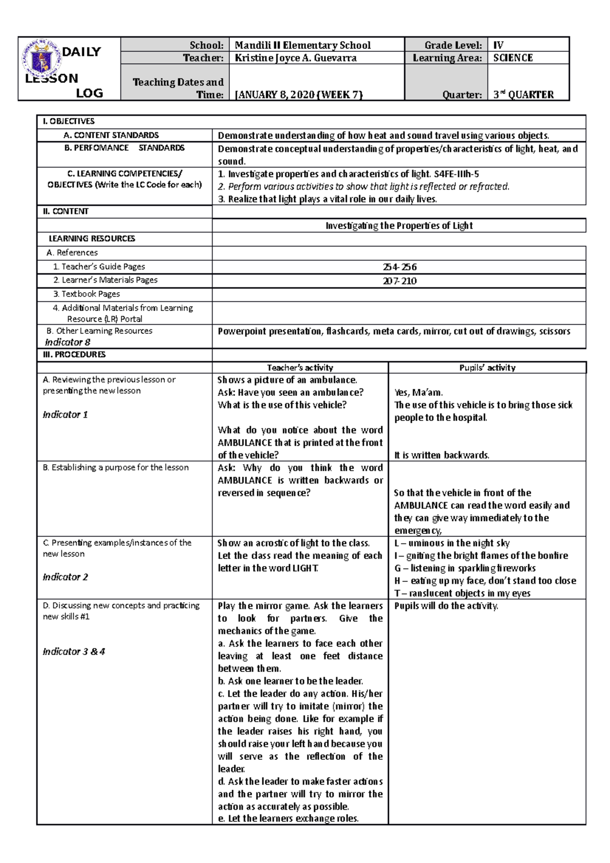 JAN 8 - EDUCATION - DAILY LESSON LOG School: Mandili II Elementary ...