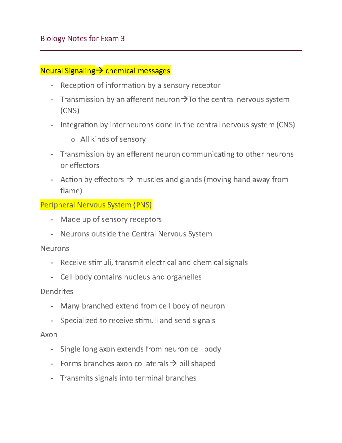 Exam 3 Biology Notes - Biology Notes for Exam 3 Neural Signaling ...