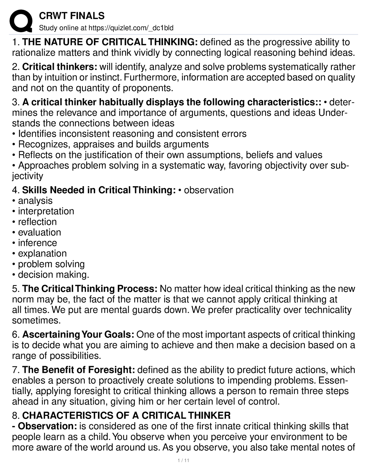 the nature of critical thinking quiz