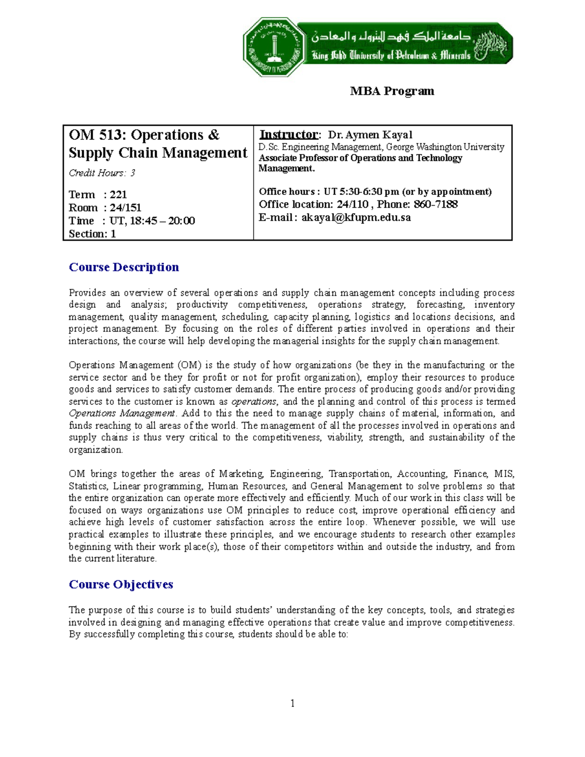 OM 513 MBA Syllabus 2212 student OM 513 Operations & Supply Chain Management Credit Hours 3