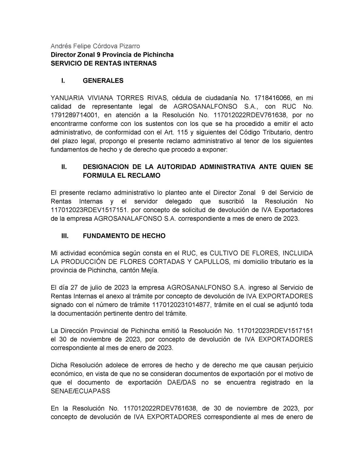 Reclamo resolucion 61638 - Andrés Felipe Córdova Pizarro Director Zonal ...