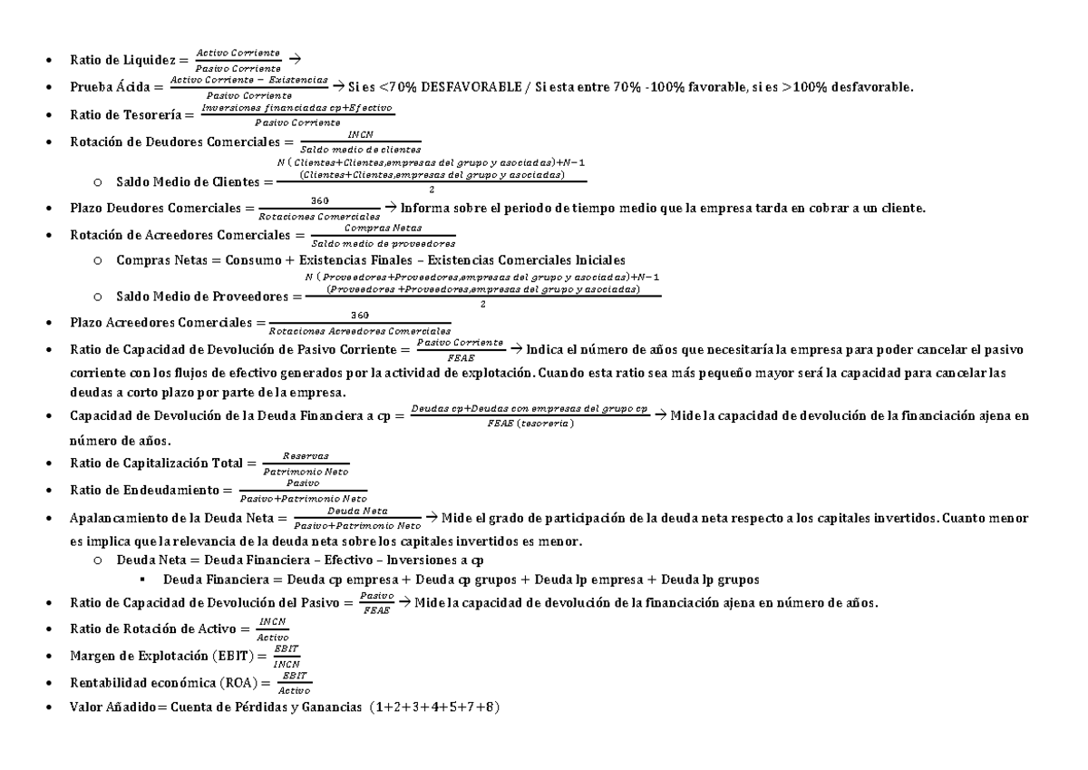 Formulas Analisis Financiero Ratio de Liquidez