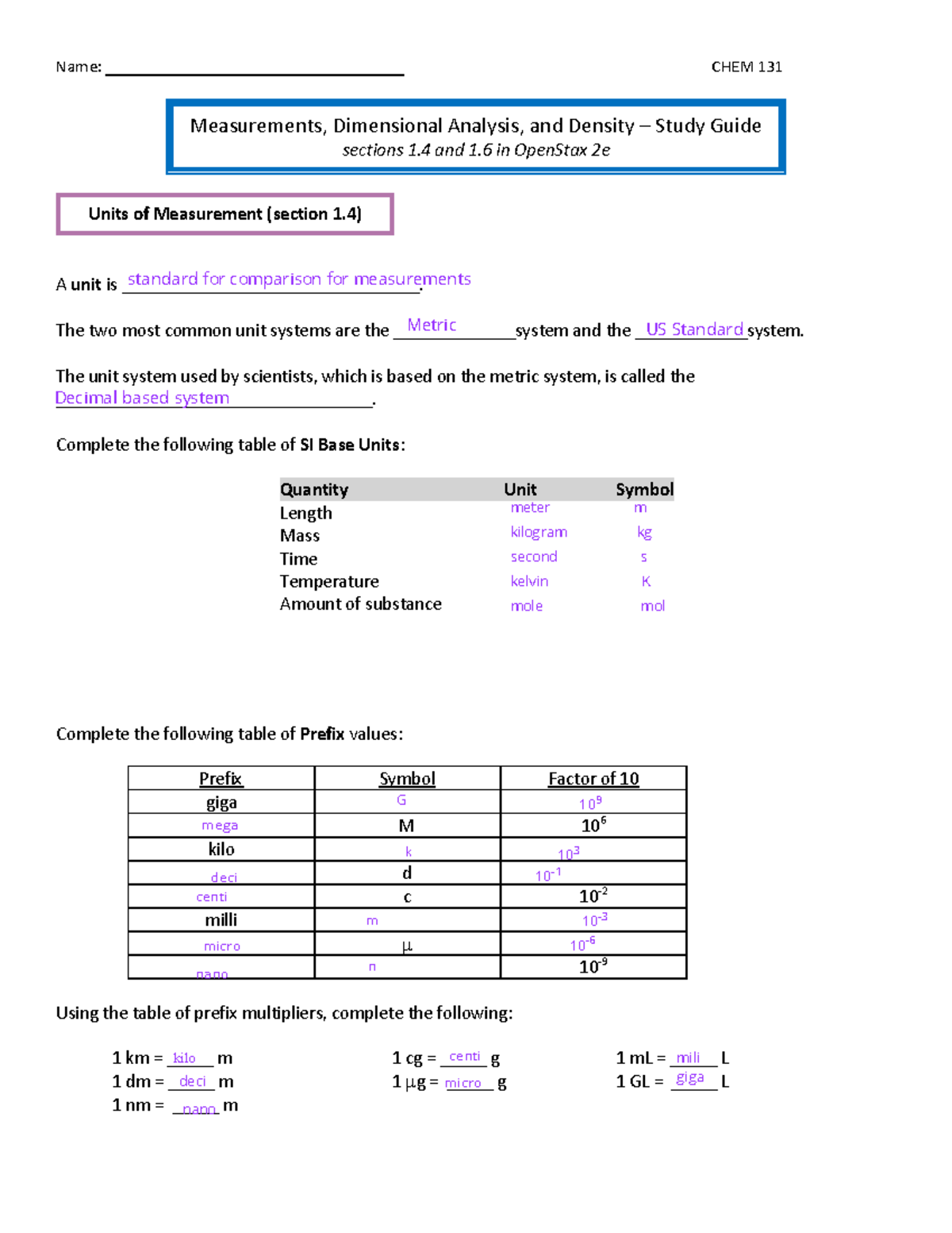 CHEM 131 Chap 1 Study Guide 2 Name
