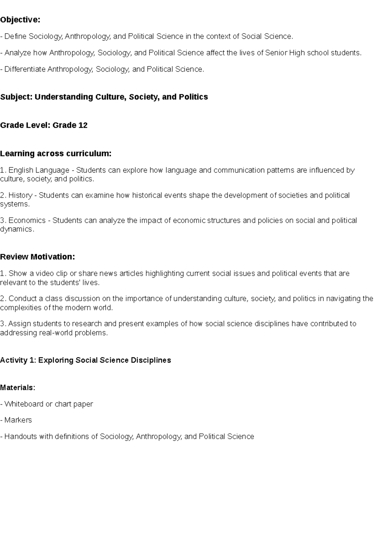 Lesson plan KBKJ Objective Define Sociology, Anthropology, and