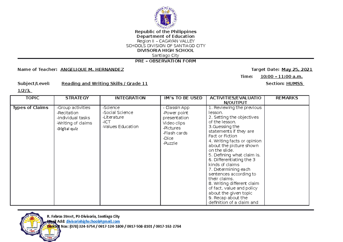 Pre-observation-Form Angelique M. Hernandez - Republic of the ...