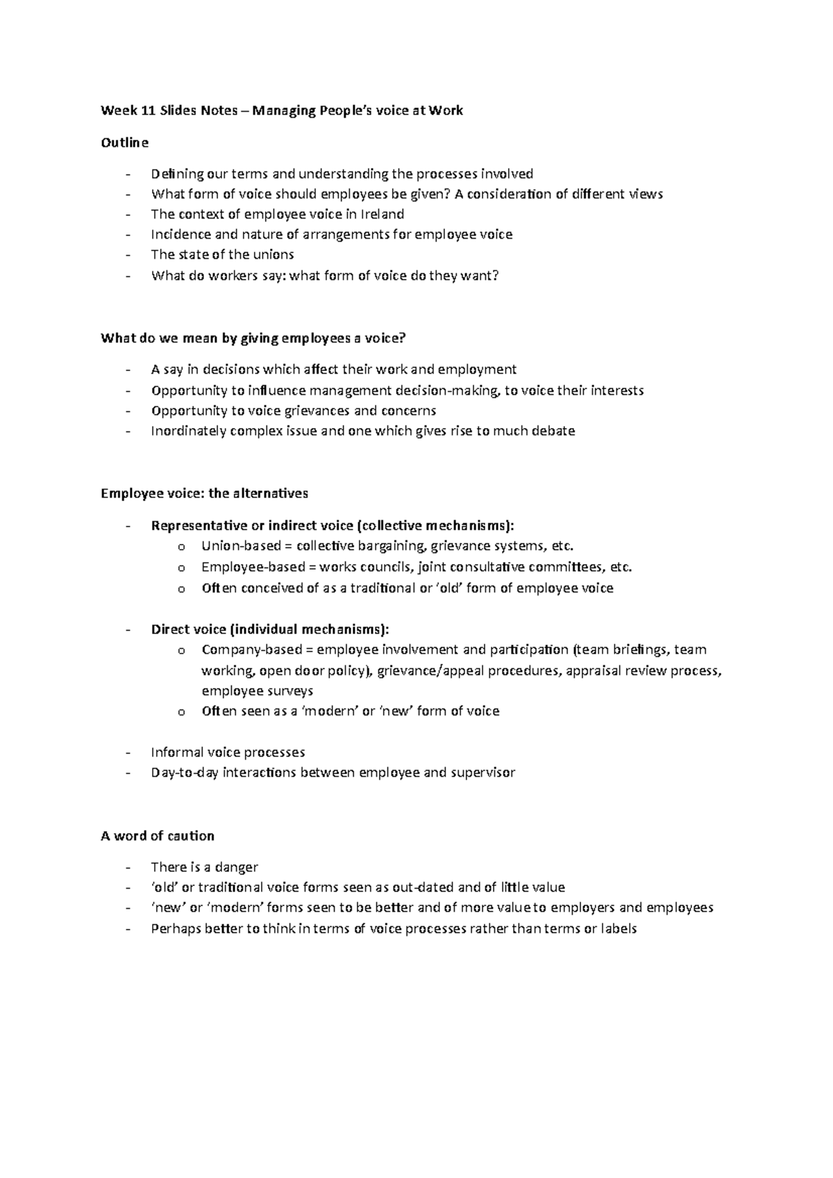 Managing People’s voice at Work - Week 11 Slides Notes – Managing ...