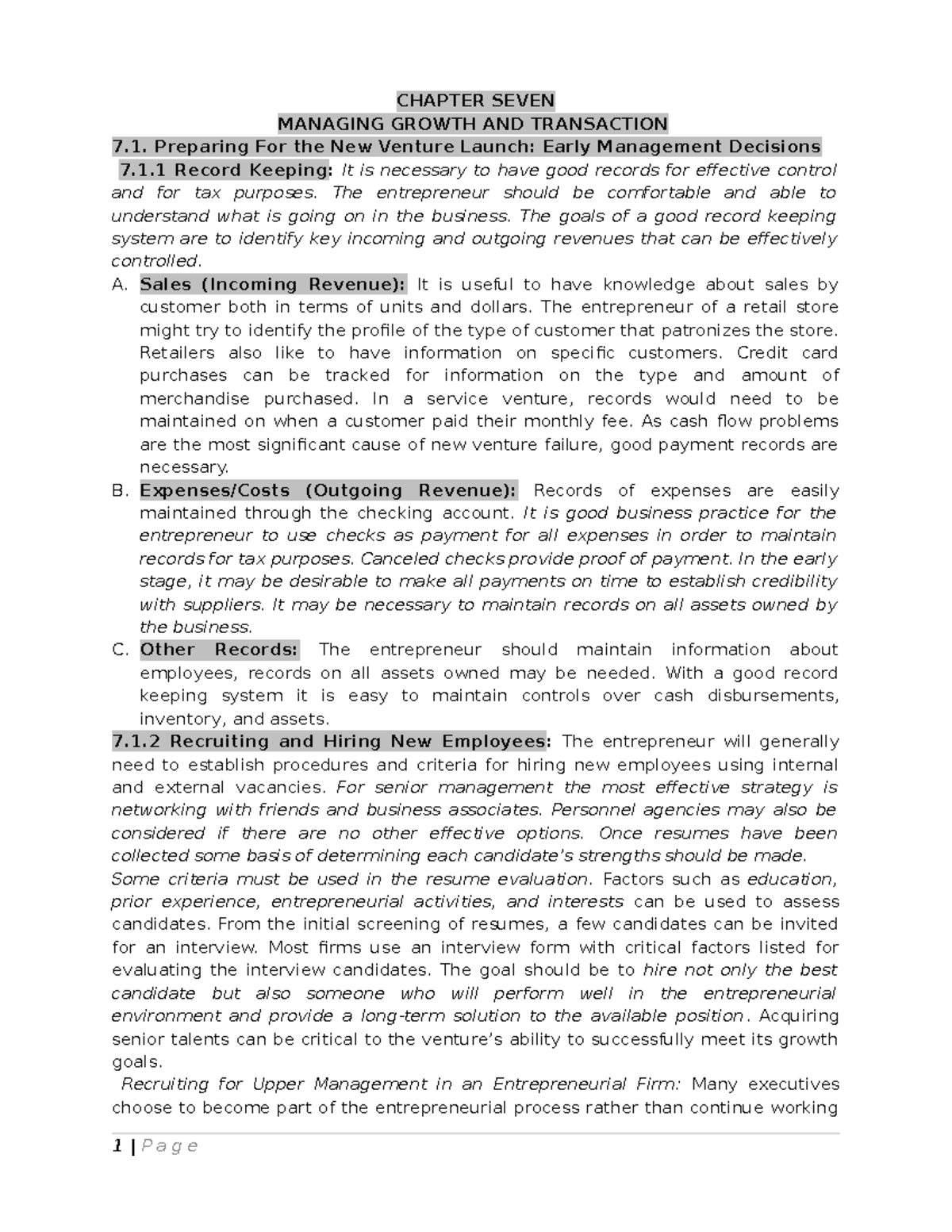 Ch 7 Chapter Seven Lecture Notes Chapter Seven Managing Growth And Transaction Preparing For Ch 7 Chapter Seven Lecture Notes Chapter Seven Managing Growth And Transaction Preparing For