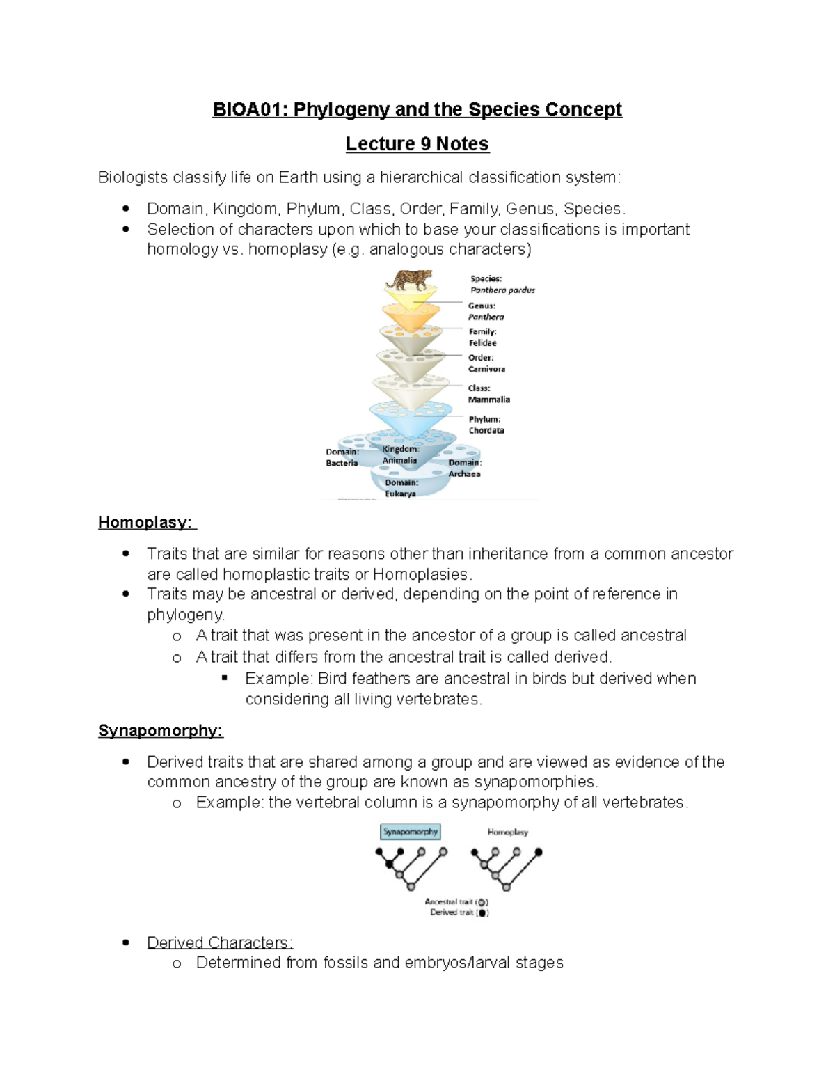 Bio Lecture 9 Notes - Dr. Scott Macvlor - BIOA01: Phylogeny and the ...