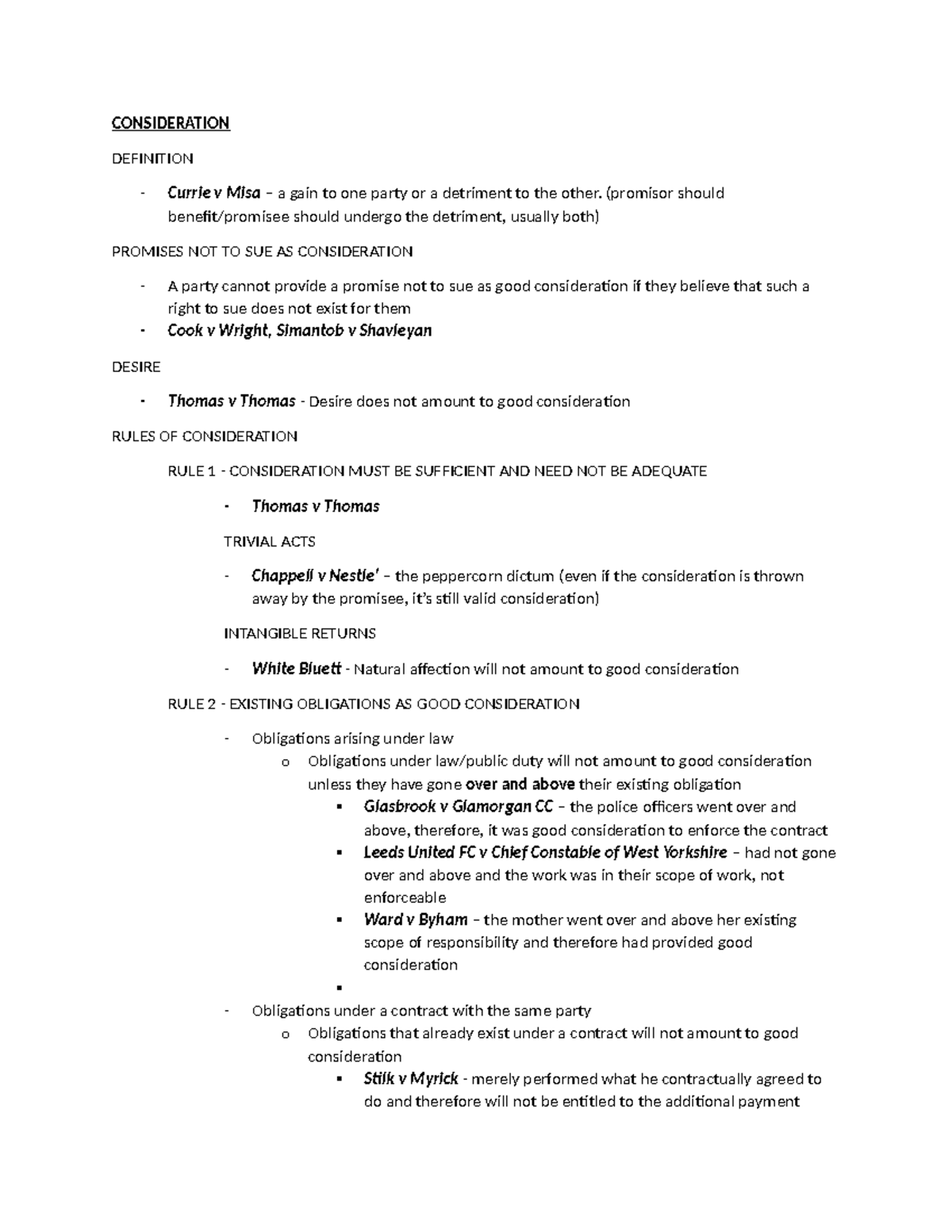 Consideration - CONSIDERATION DEFINITION Currie v Misa – a gain to one ...