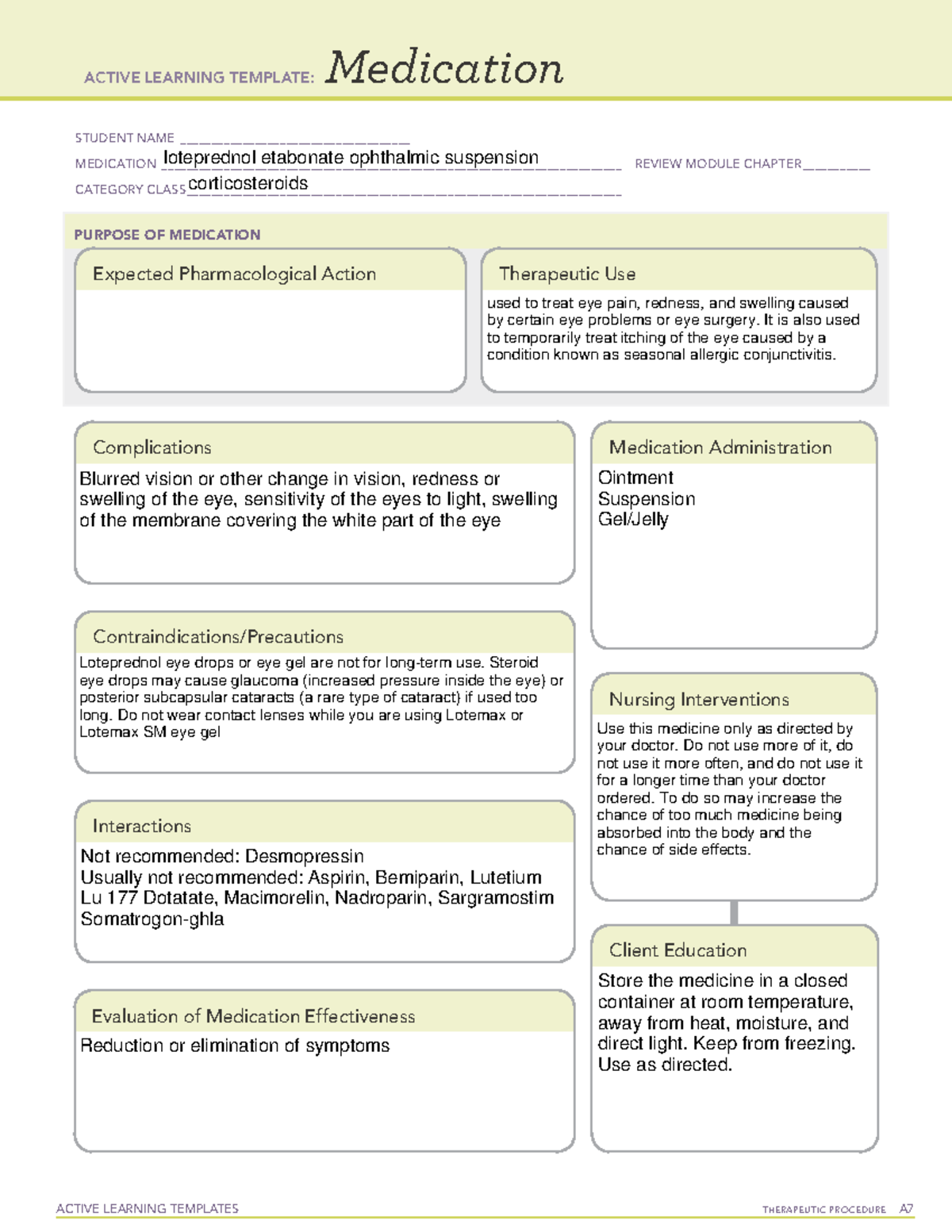 Lotaprendnol Eye drops ATI Medication Template - ACTIVE LEARNING ...