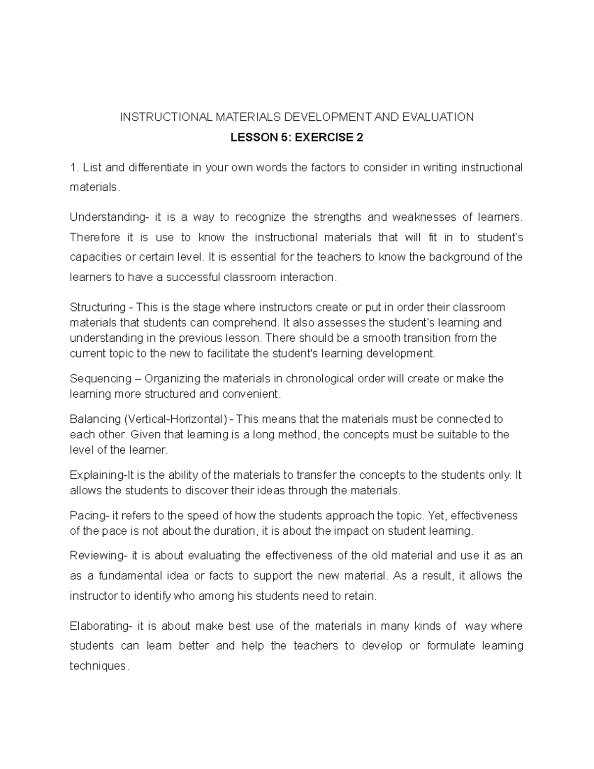 Lesson 5 Exercise 2 IMSEL213 INSTRUCTIONAL MATERIALS DEVELOPMENT AND EVALUATION LESSON 5