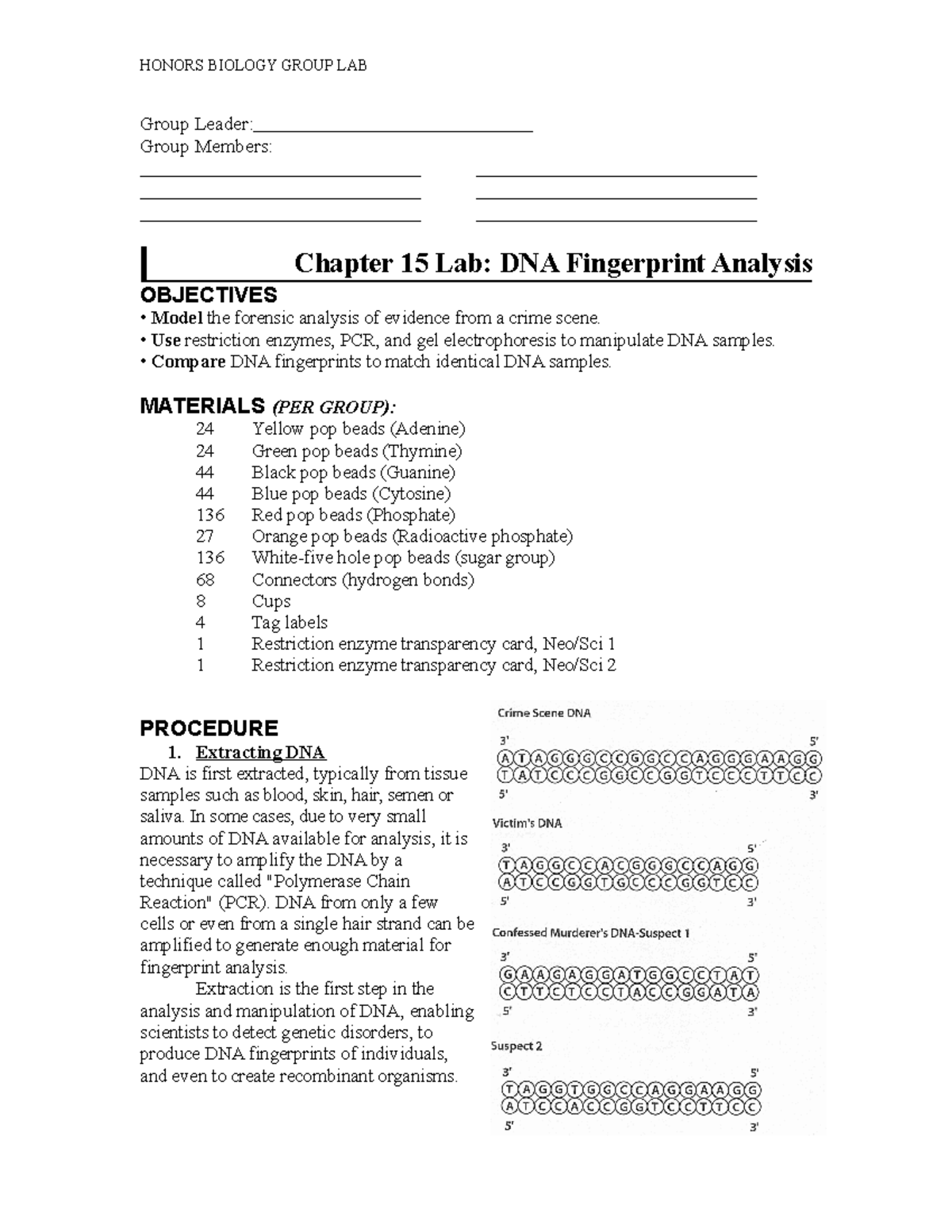 Chapter 15 Lab physics HONORS BIOLOGY GROUP LAB Group Leader Group