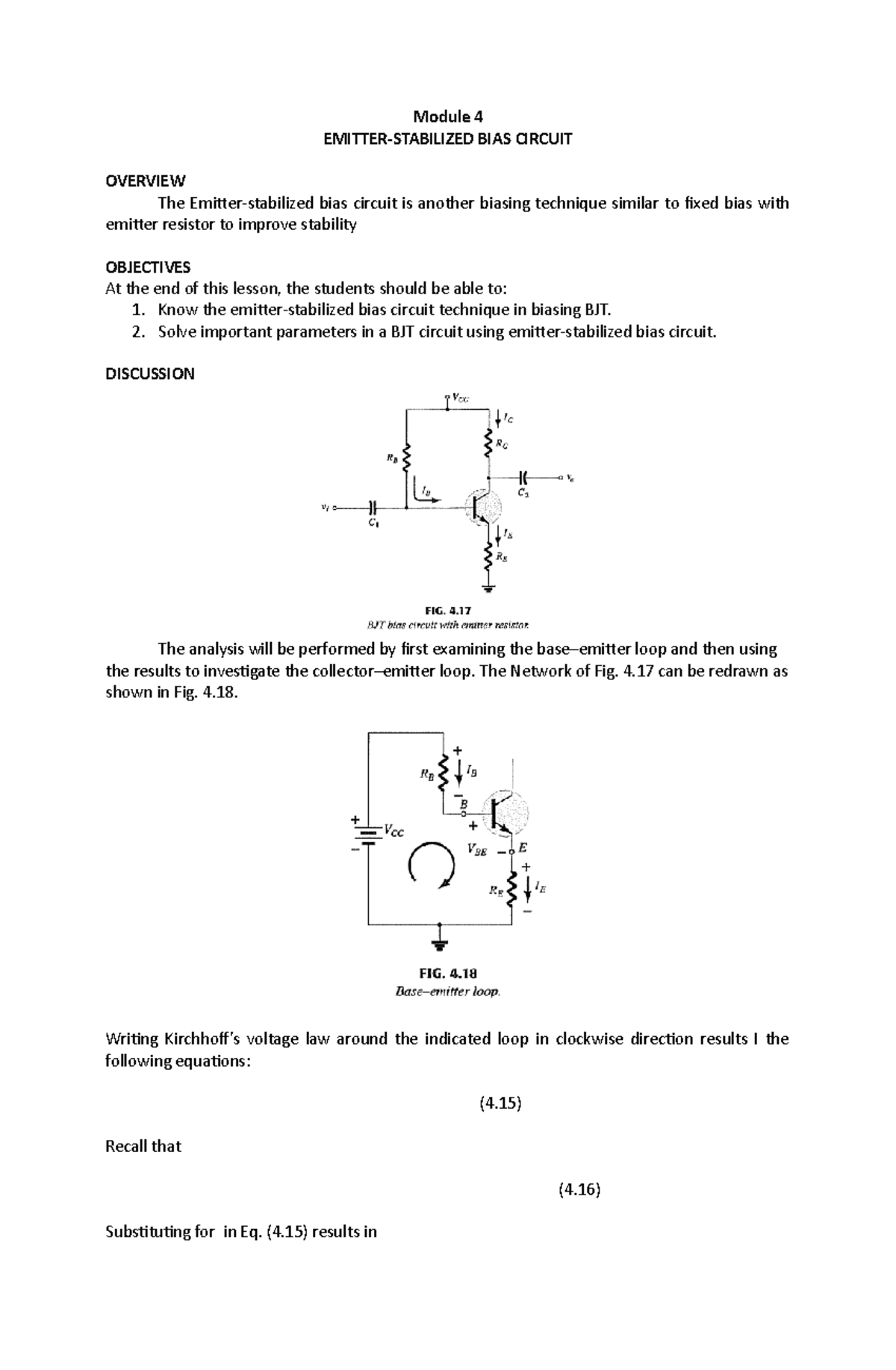 Module 4 Biasing BJTEmitter Stabilized Bias Circuit EMITTER
