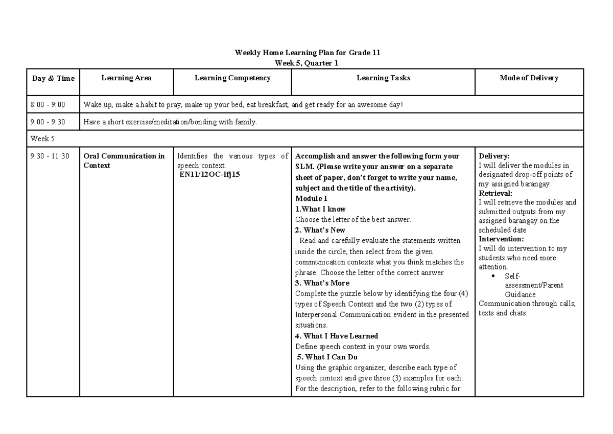 ORAL 5 - LESSON PLAN - Weekly Home Learning Plan for Grade 11 Week 5 ...