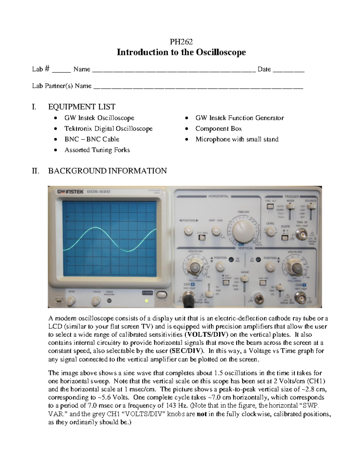 262 06-Oscilloscope Lab - PH262 Introduction To The Oscilloscope Lab ...