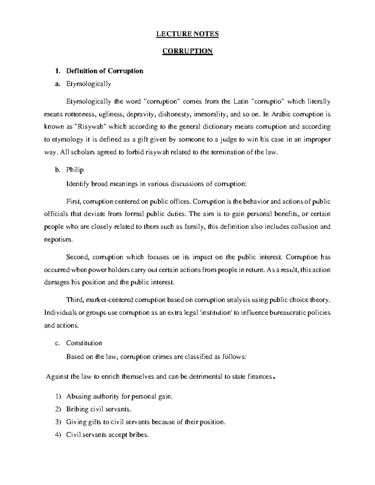 1. Lecture Notes About Corruption - CORRUPTION Definition of Corruption ...