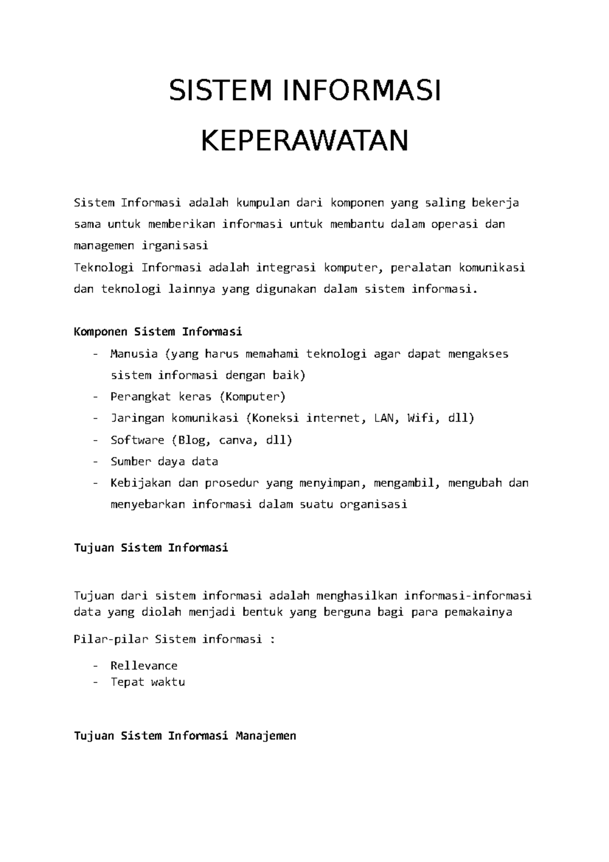 01. Sistem Informasi Keperawatan - SISTEM INFORMASI KEPERAWATAN Sistem ...