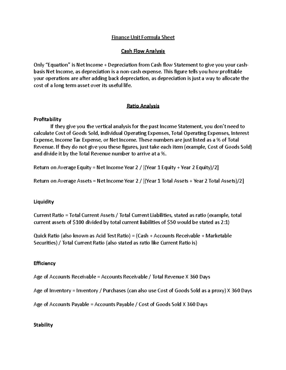 Finance Unit Formula Sheet - This figure tells you how profitable your ...