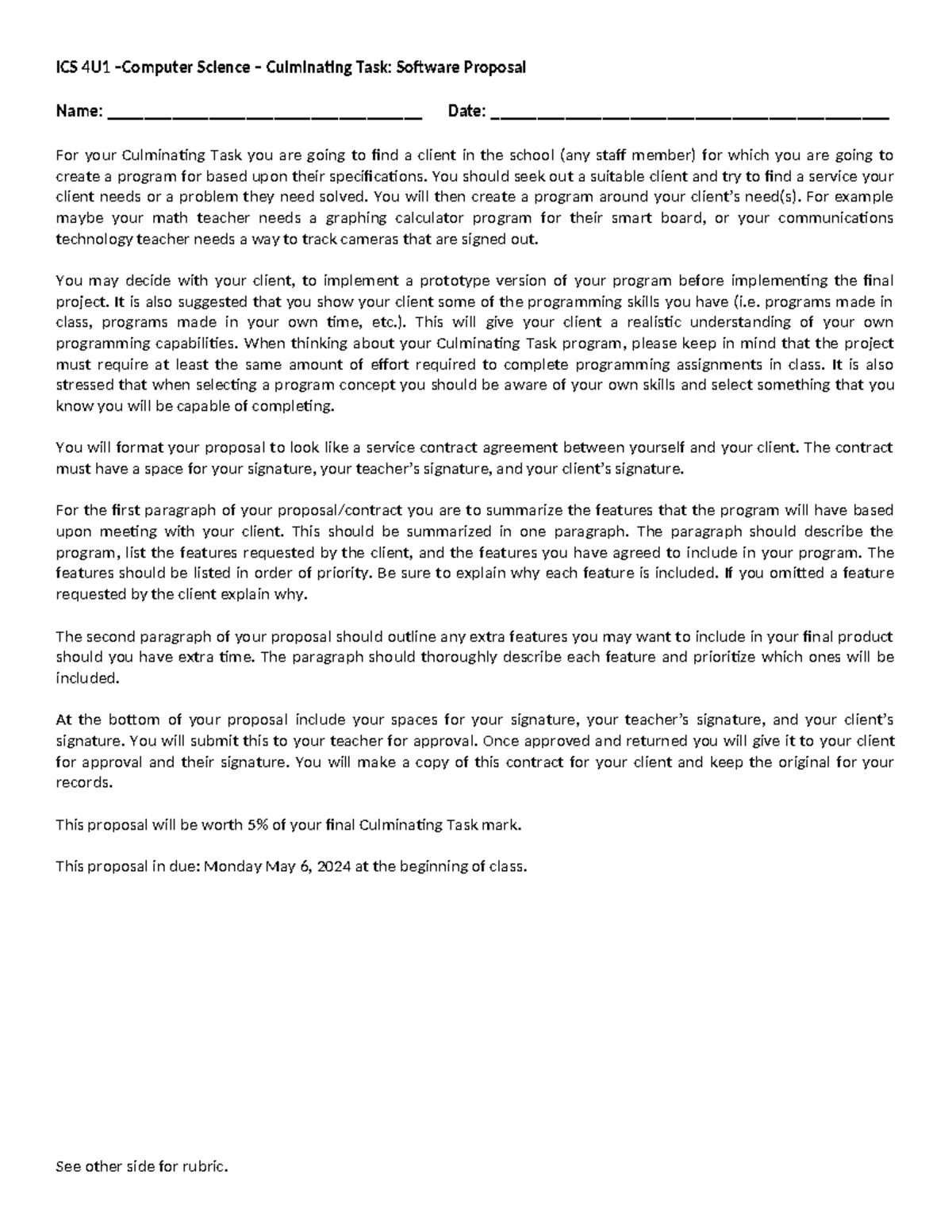 1.1 Culminating Task - Proposal Outline - ICS 4U1 –Computer Science ...