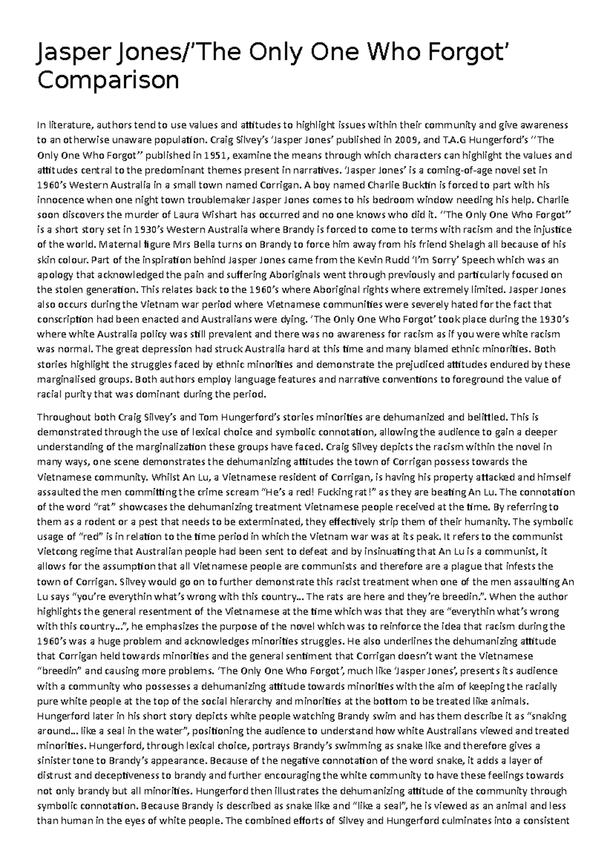 Jasper Jones and TOWF comparrison Jasper Jones/’The Only One Who