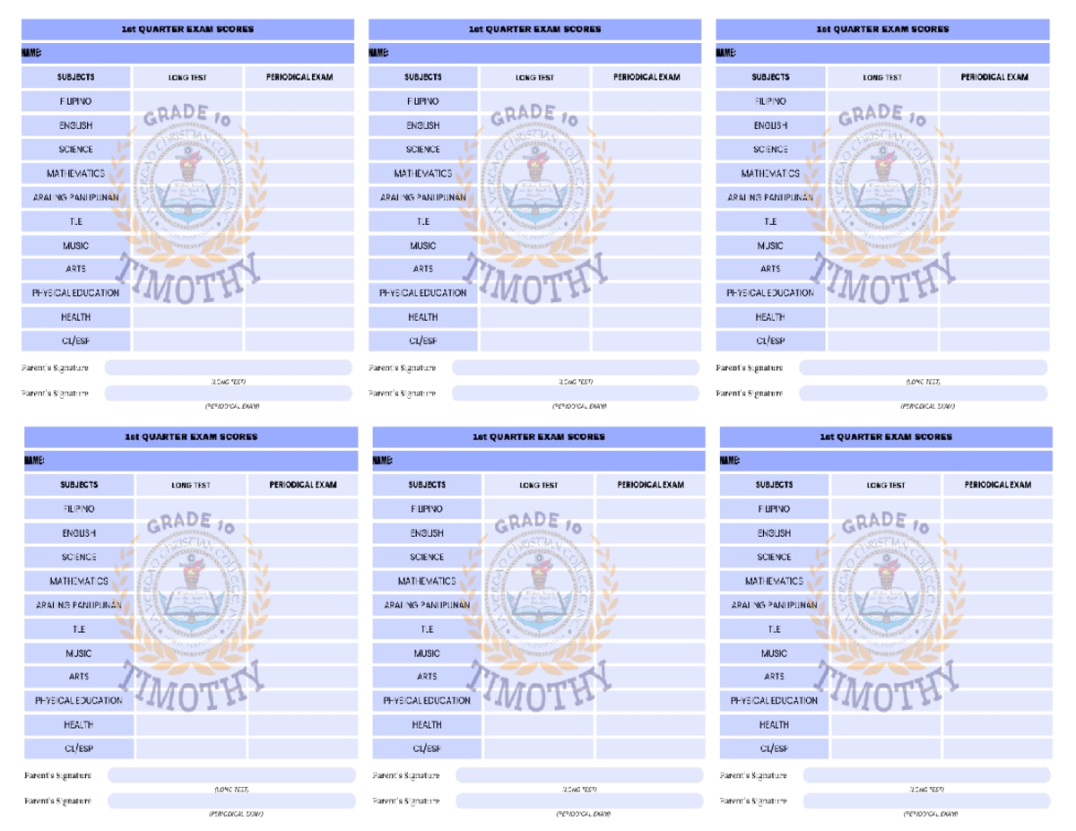 TEST Score Sheet 1st QUARTER EXAM SCORES 1st QUARTER EXAM SCORES 1st