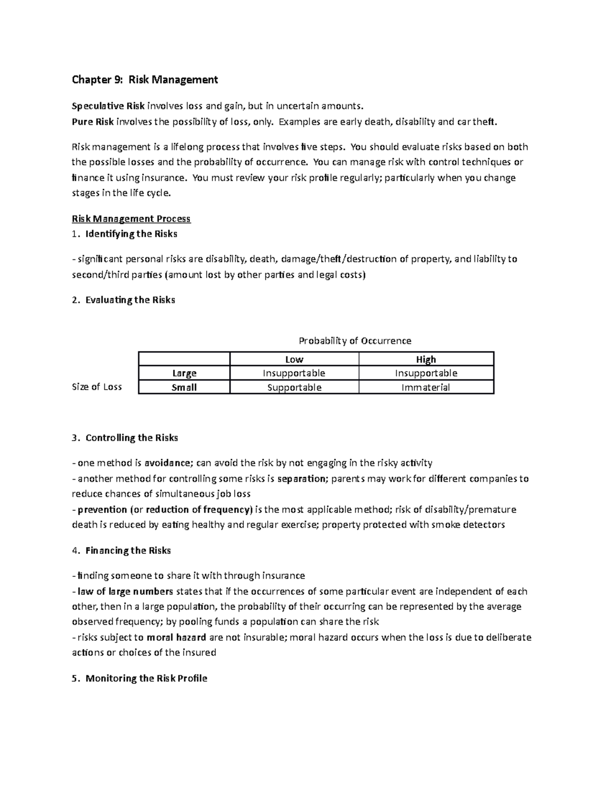 Chapter 9 Lesson Notes Chapter 9 Risk Management Speculative Risk
