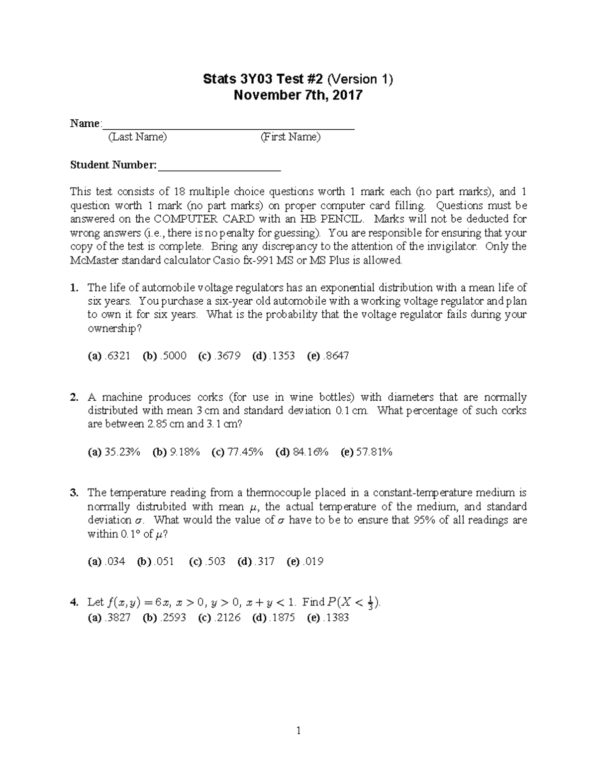 Midterm 2 17 October 2017, questions and answers - Stats 3Y03 Test #2 ...