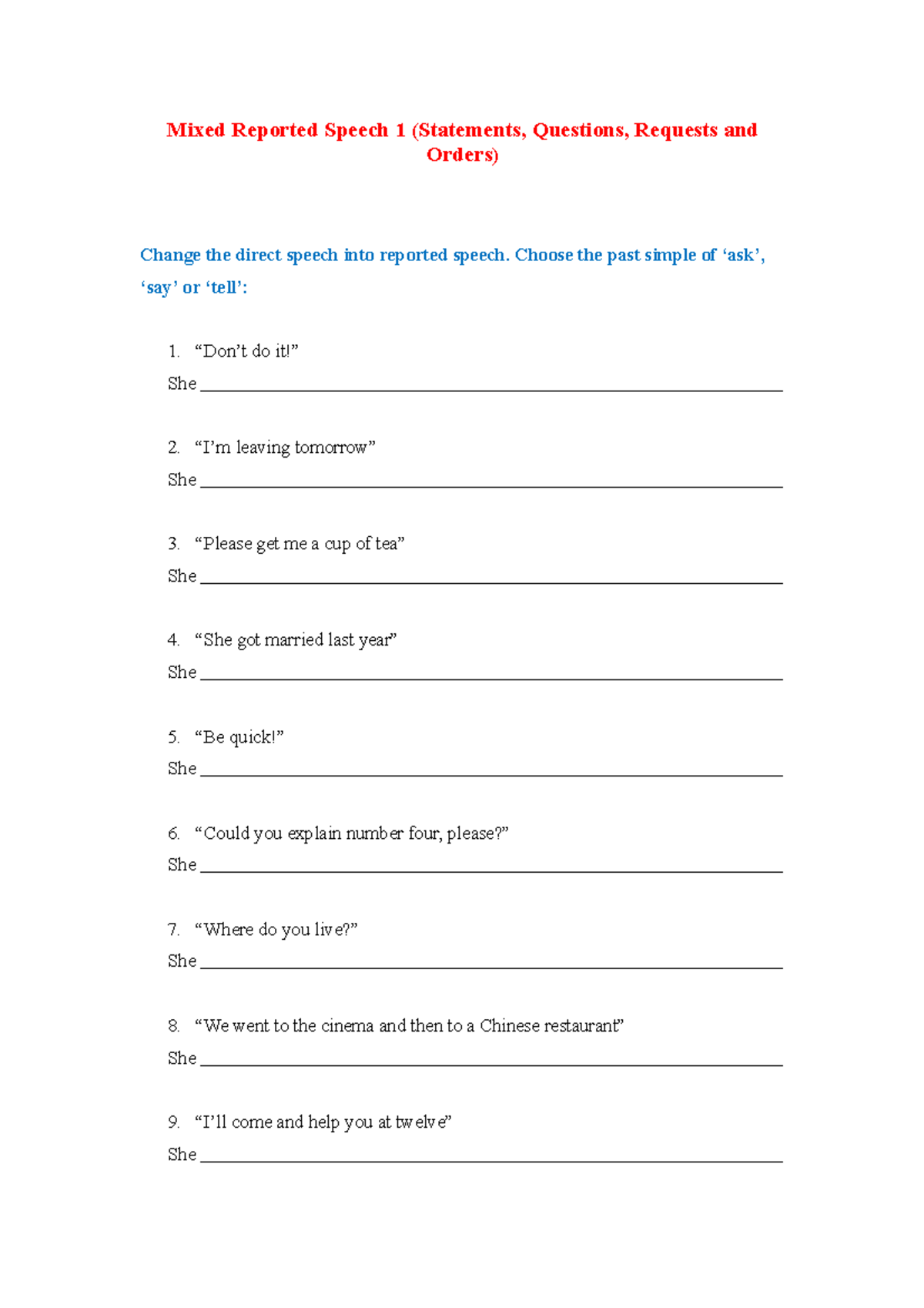 Reported Statements Mixed Tenses Worksheet 4 English